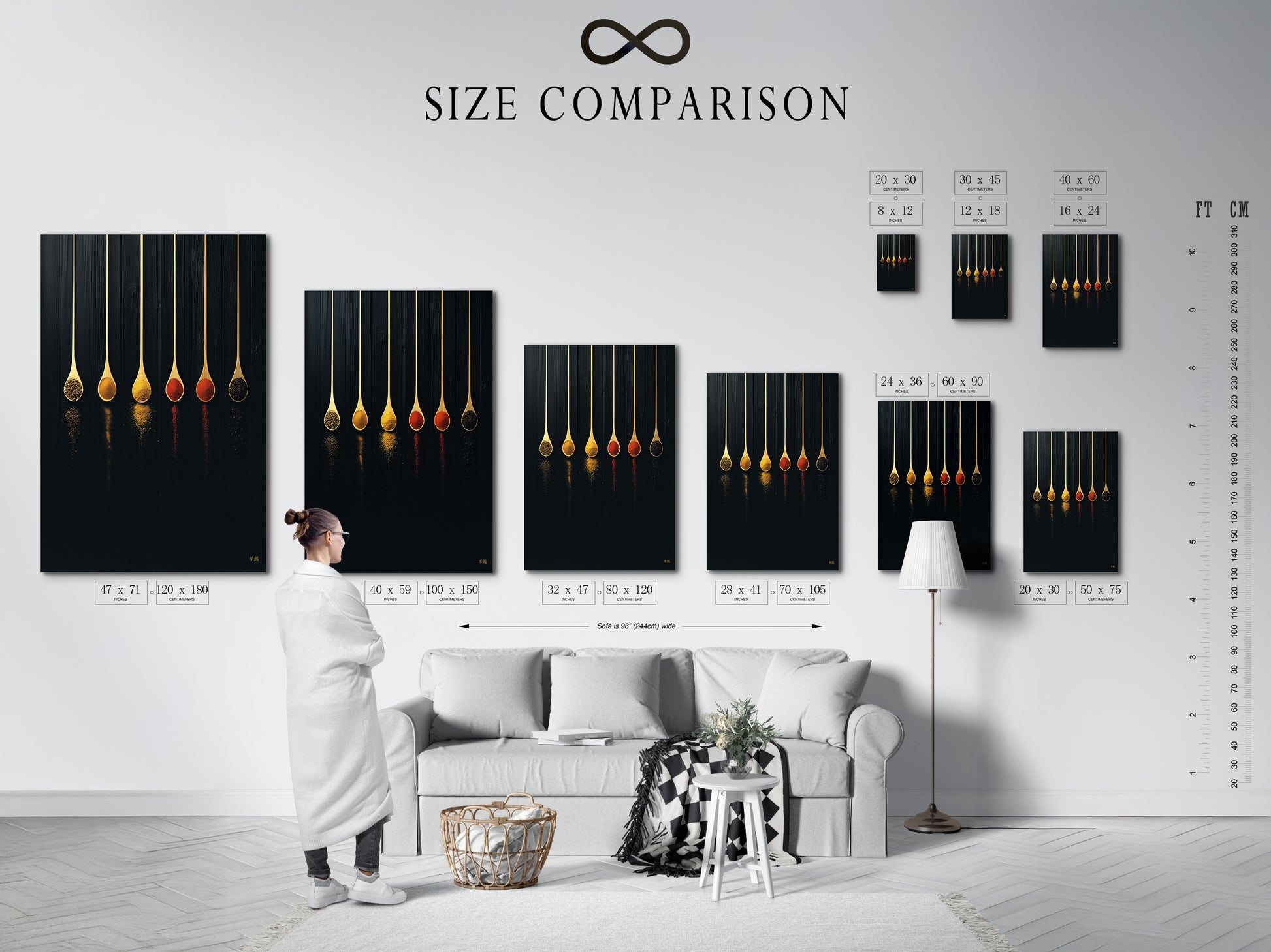 Size comparison chart of the Spice Spoons artwork displayed in an interior setting. Visualize how this modern kitchen art fits your space. See the impact of the spoon print on your dining area. It's a great chef gift. This food art print elevates any cafe decor.