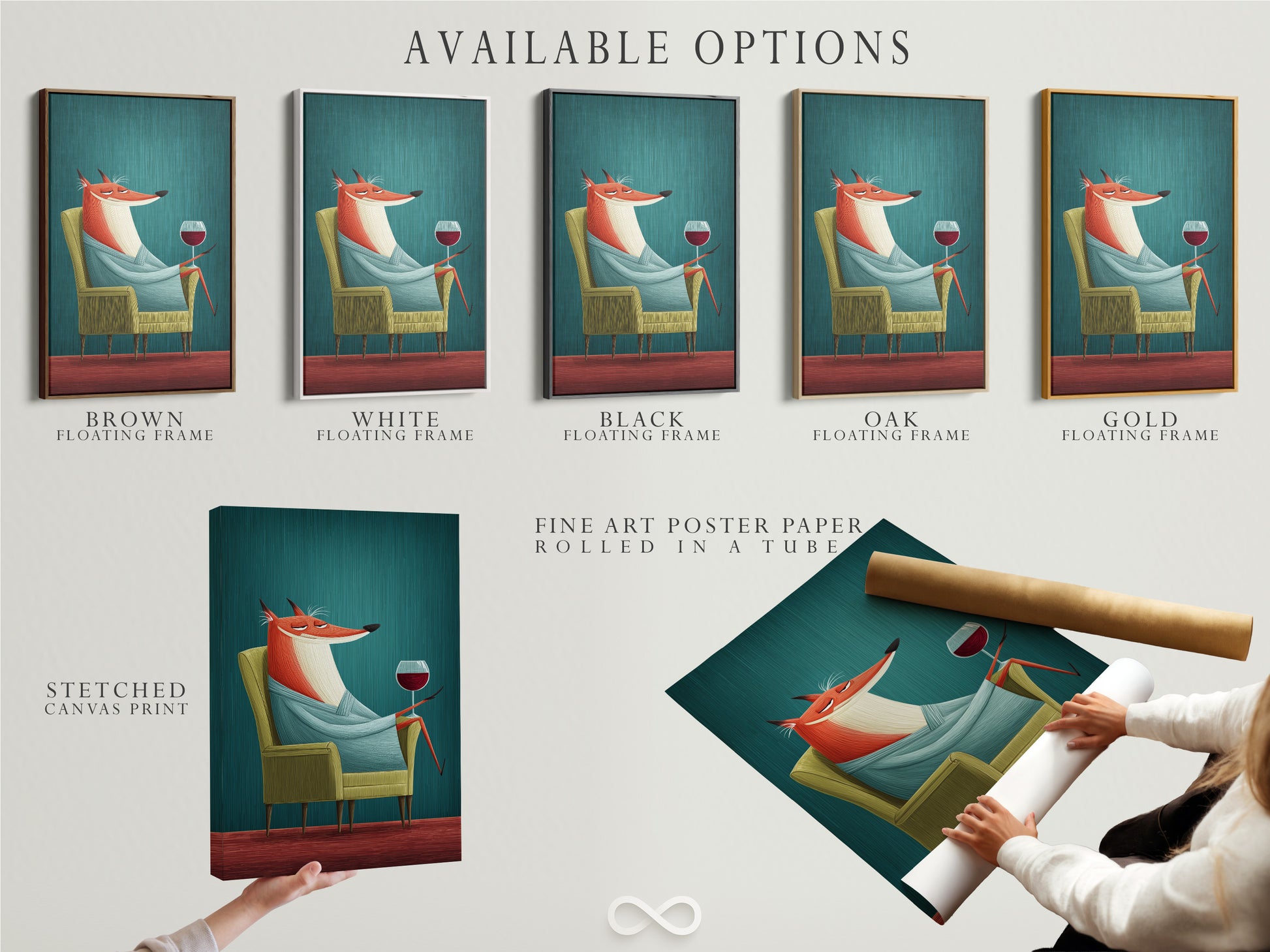 Available options include stretched canvas print. Fine art poster paper is also available. Consider a floating frame for a refined look. Customize your fox art to match your style. It makes a great wine lover gift.