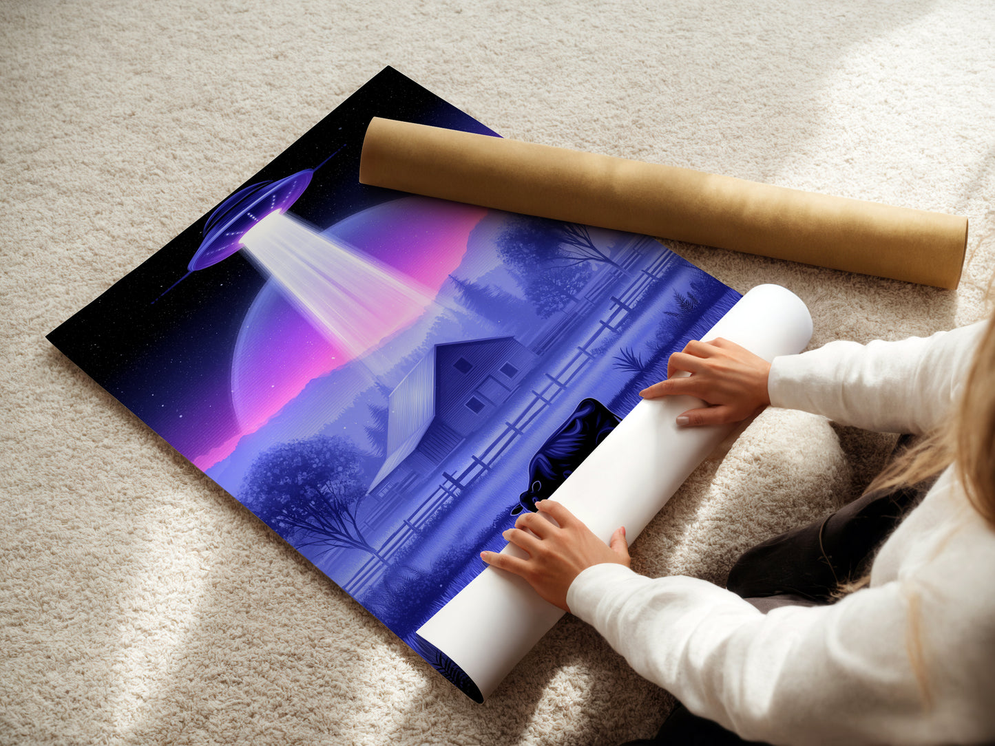 A woman is carefully rolling a fine art poster paper. The Sci-Fi landscape artwork is being prepared. This poster paper is perfect for UFO Abduction art. It is ideal for those who appreciate extraterrestrial themes. The fine art poster is great for any space.