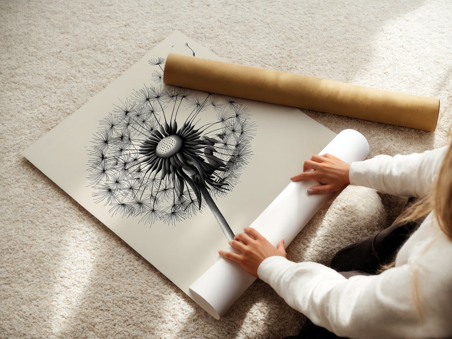 A woman is carefully rolling a fine art poster paper. This ensures the poster paper remains in pristine condition. The art poster paper is of high quality. It is ready for framing or display. This image represents the care and attention to detail in handling fine art prints. The poster paper is perfect for creating stunning wall artworks.