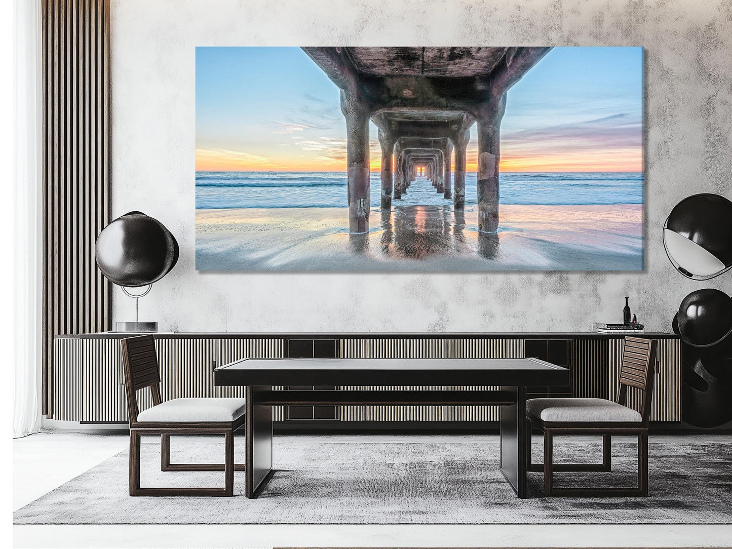 Under the Pier Canvas Print, Sunset Beach Wall Art, Large Coastal Art, California Ocean View, Pier Canvas Artwork, Modern Nautical Decor