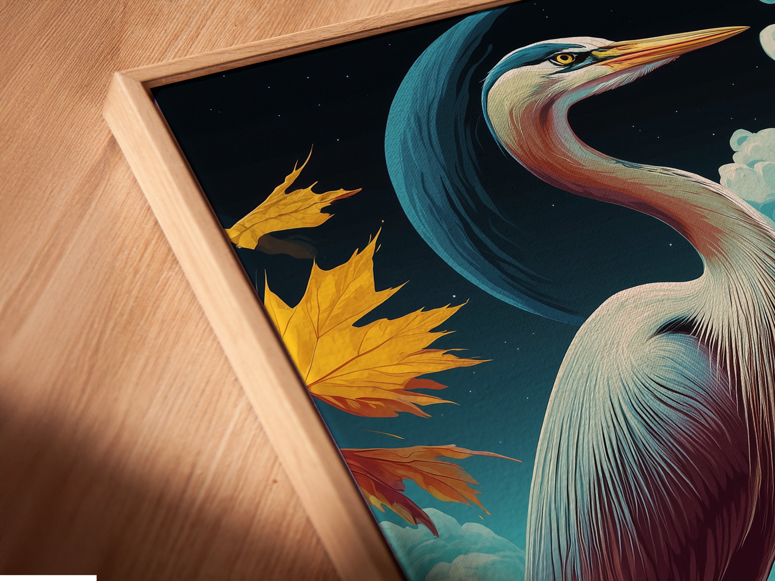 Get a closer look at our canvas print in a floating frame. The heron artwork seems to float adding depth and sophistication. Perfect for showcasing fine art in your living space.
