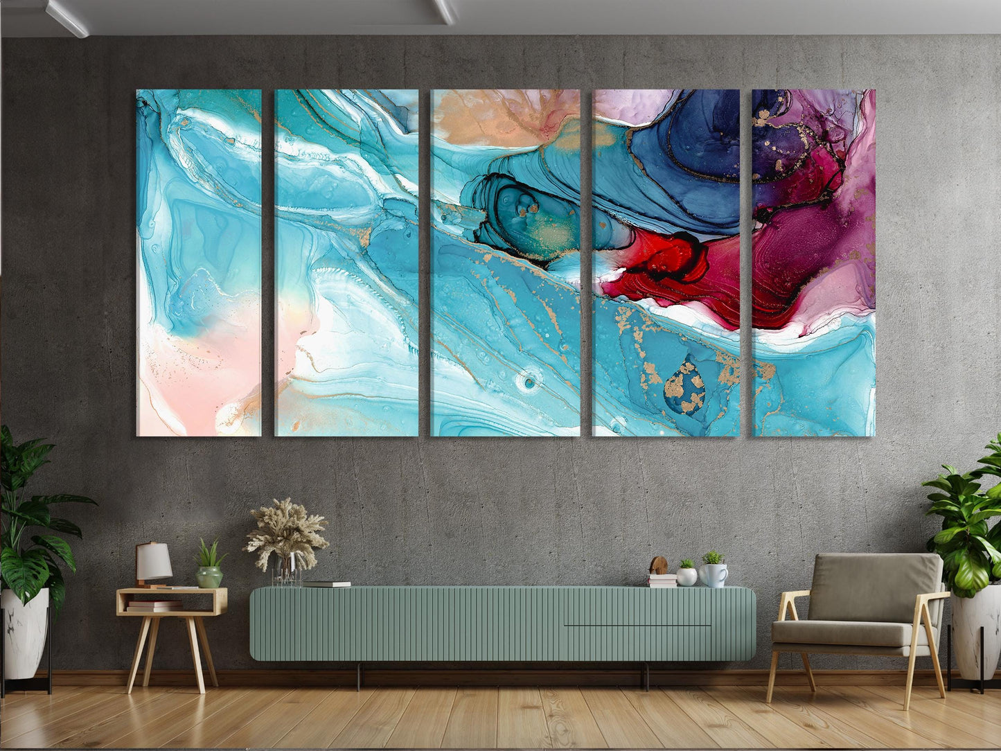 Abstract schilderij - vloeibaar kunstcanvas print, levendige blauwgroene en karmozijnrode wandkunst, moderne kleurrijke kunstdecoratie, hedendaagse kunstprint