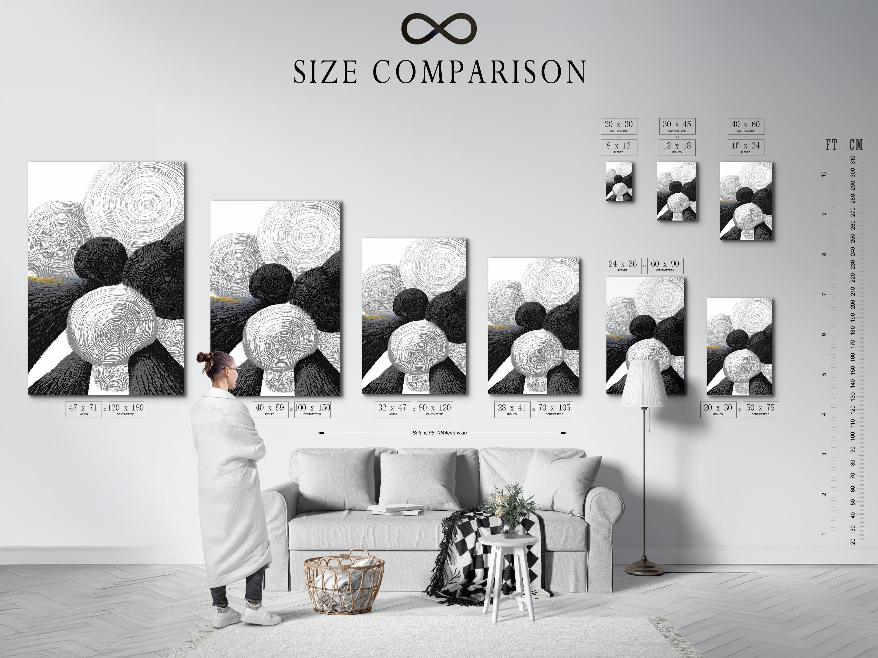 A size comparison chart is displayed in a modern interior. It shows the different dimensions available for the abstract geometric art print. Black and white circles are visible. This chart helps visualize the perfect fit for your space. Choose the ideal size for your wall art.
