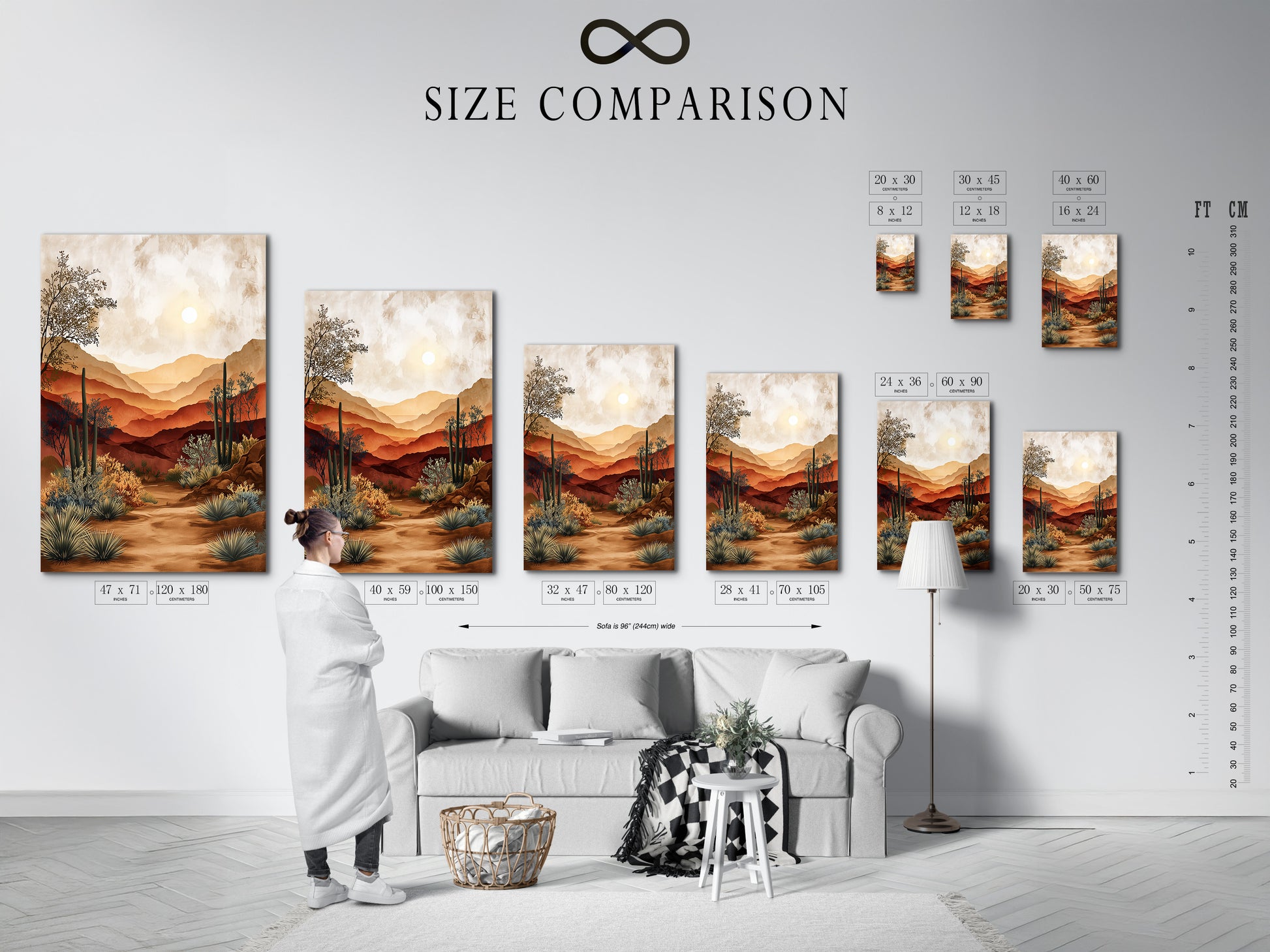 A size comparison chart is displayed in a modern interior. The chart shows various artwork sizes on a wall. It helps visualize the perfect fit for your space. This chart assists with art selection and placement. It ensures your art complements your decor.