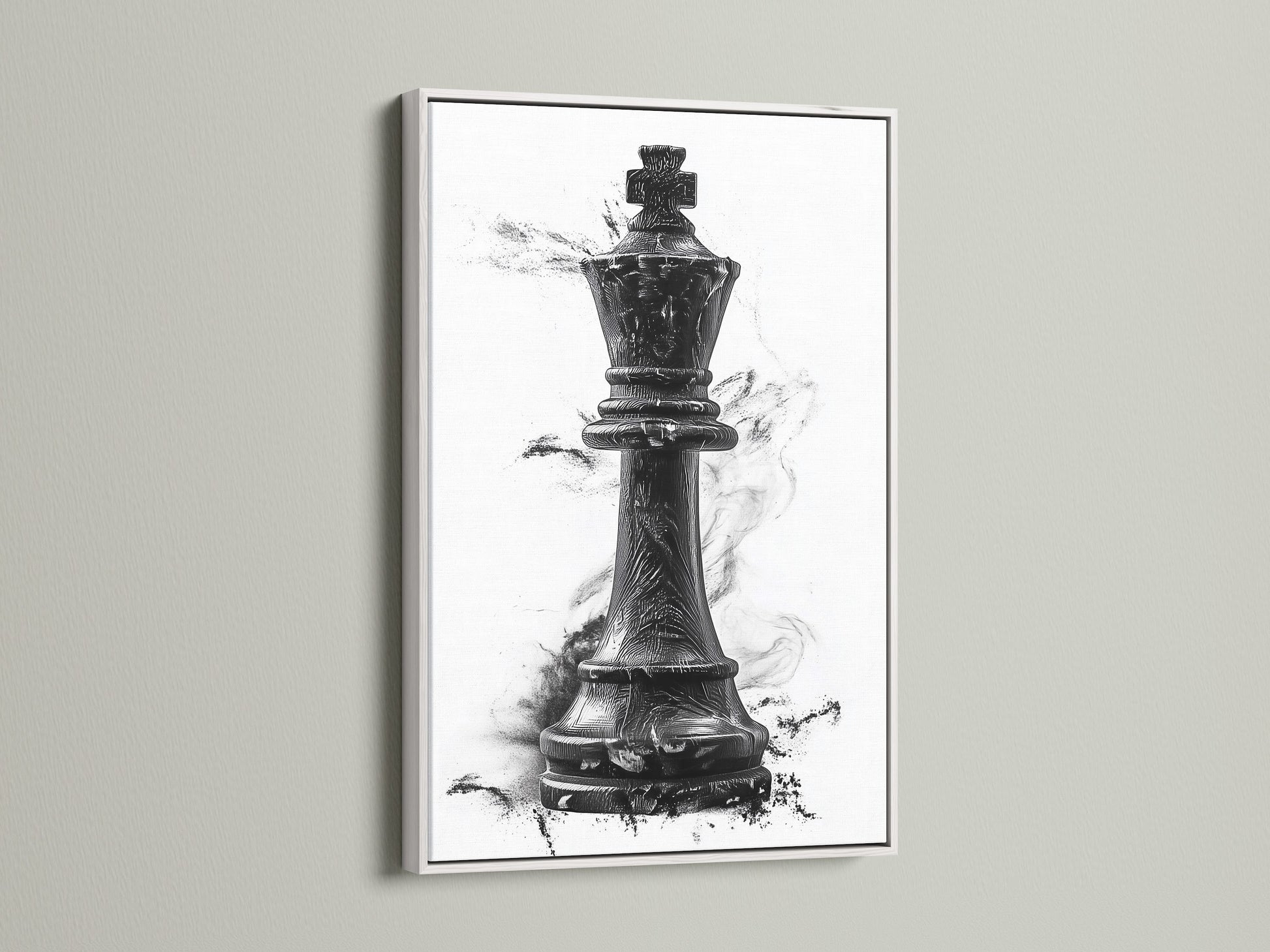 Artwork featuring a chess king piece in a white frame. The white frame offers a clean modern aesthetic. It allows the artwork to stand out. Enhance your home decor with a framed art piece. Explore our selection of stylish frames.