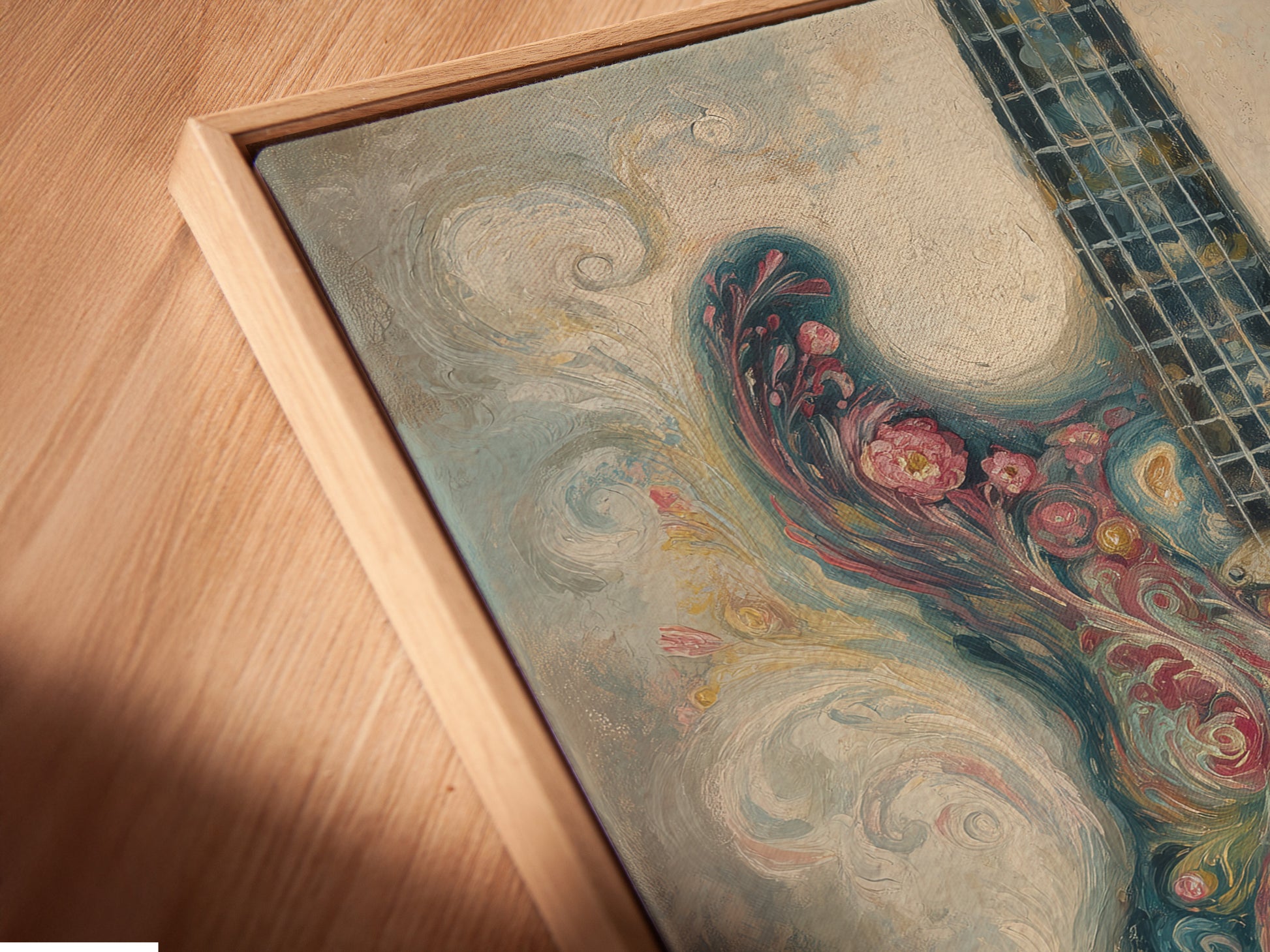 Close up angled view of a canvas print in a floating frame. The art is vibrant and detailed. The floating frame adds depth. This piece enhances the artwork. Perfect for adding a modern touch to your space. It is a unique display.