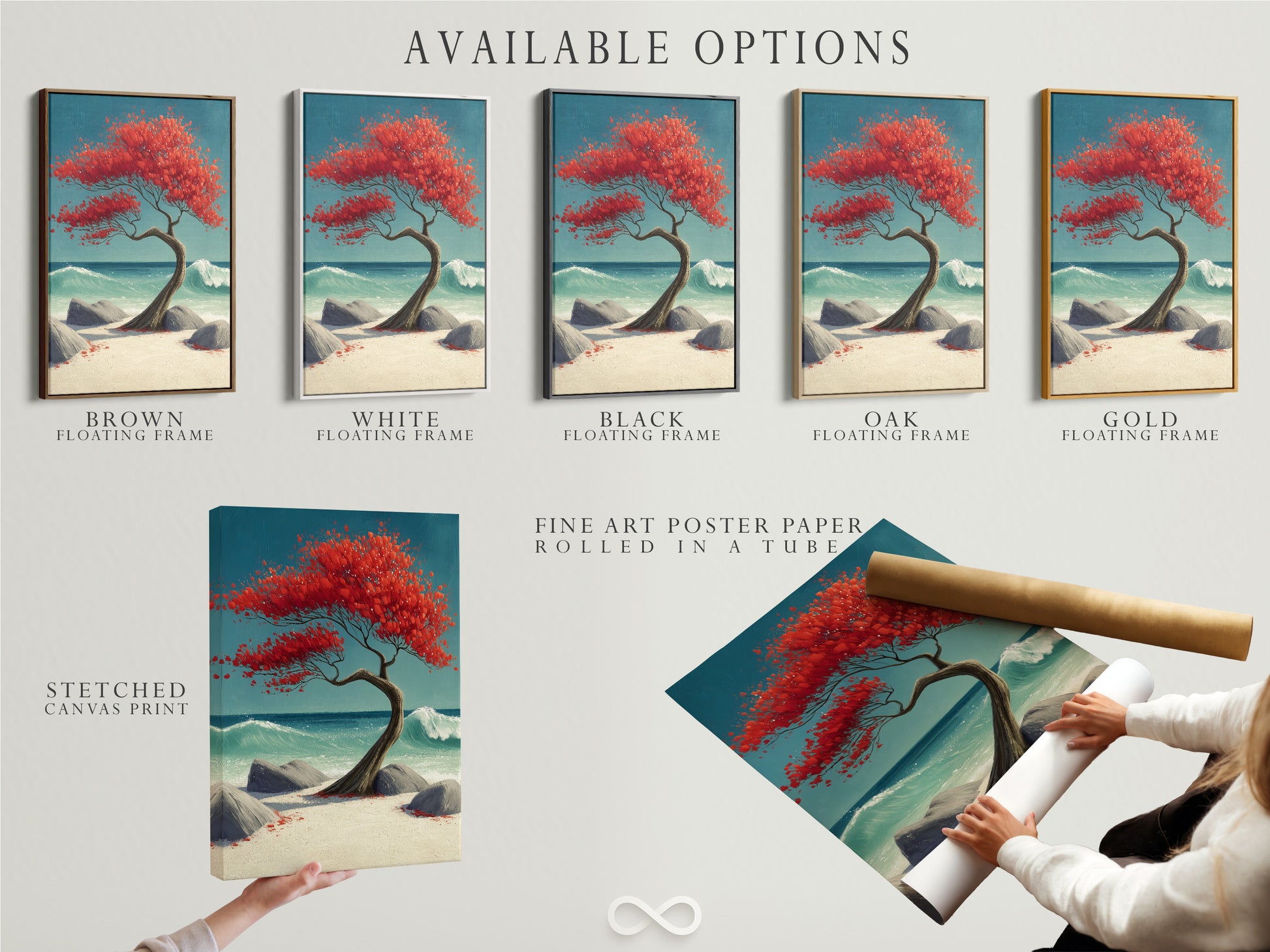 Available options for the coastal tree artwork. Choose from a stretched canvas print fine art poster paper or a floating frame. Customize this red bonsai tree print to match your style. Shop now for ocean wall decor.