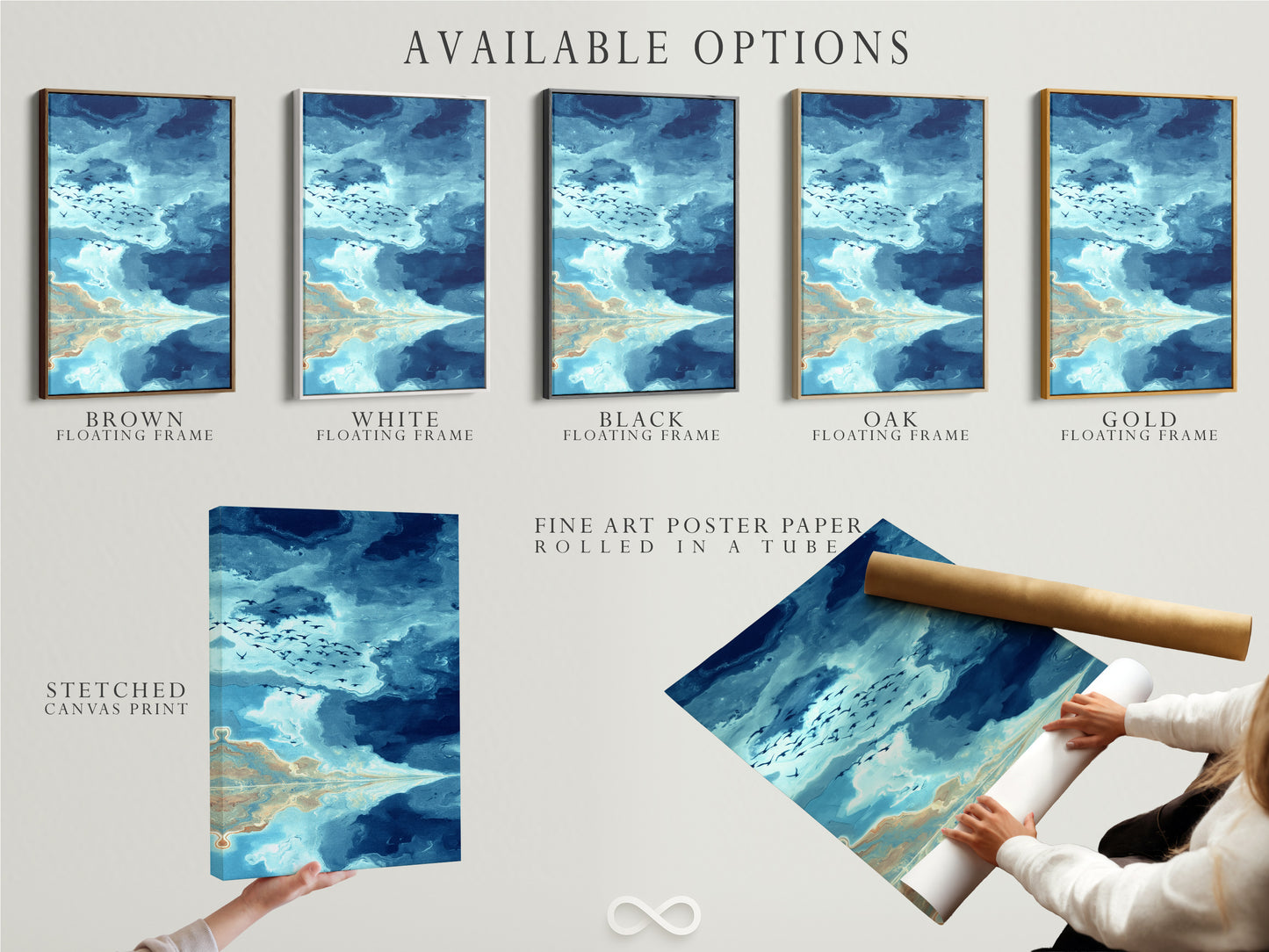Available options include a stretched canvas print fine art poster paper and floating frame. Choose the perfect format for your seascape artwork. Teal sky and birds create a calming scene. Customize your artwork to match your style and decor.