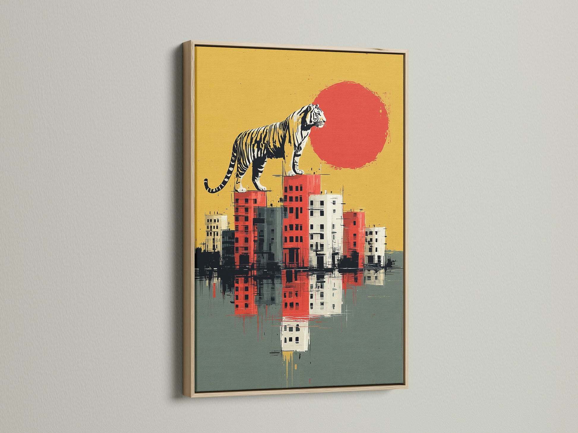 The Tiger City art print is showcased in an oak frame. The frame enhances the modern canvas art. It adds a touch of warmth to the surreal wall art. This urban wildlife art is perfect for office wall decor. The oak frame complements the contemporary style. Elevate your space with this unique art piece.
