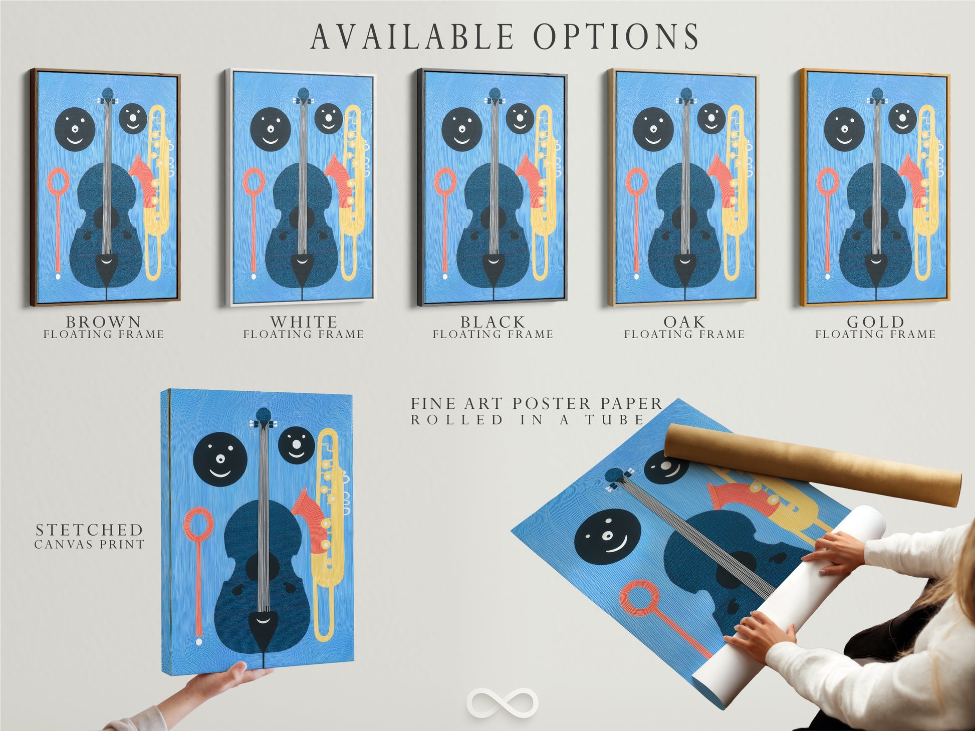 Explore available options for this abstract jazz artwork. Choose from a stretched canvas print fine art poster paper or floating frame. Enhance your music room studio or business with this modern art print.