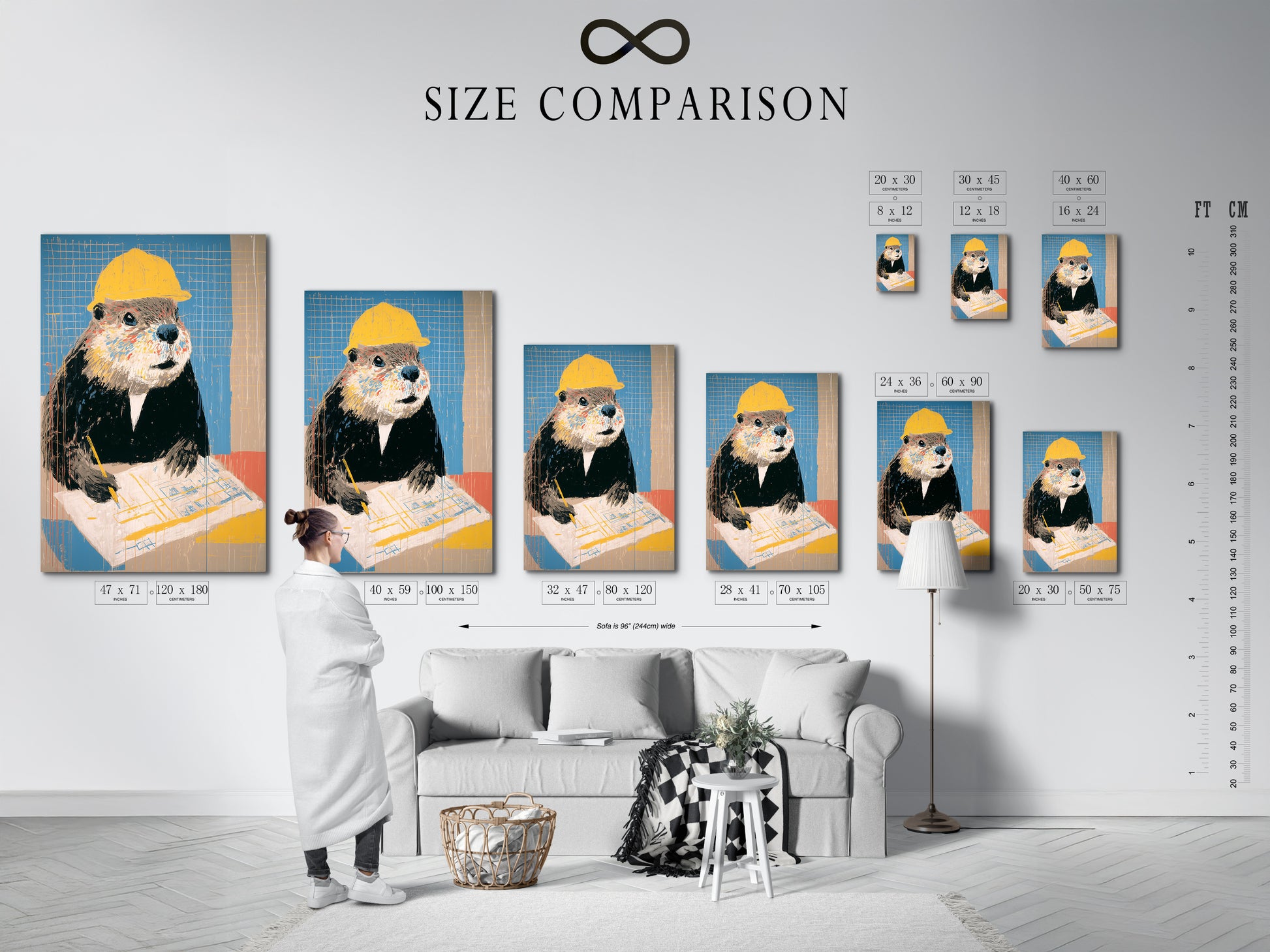 Size comparison chart of the beaver art print in an interior setting. The canvas showcases a funny animal worker. Ideal office wall decor and contractor gift. The quirky wall art suits contemporary and industrial settings. Consider a size that suits your space.