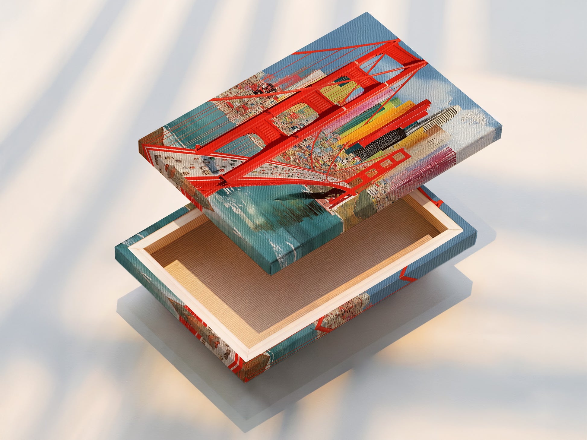 This is a stretched canvas print of the Golden Gate Bridge artwork. This San Francisco wall art is ready to hang and transform your space. The colorful cityscape poster brings a vibrant touch to any room. It is ideal for modern home or office decor.