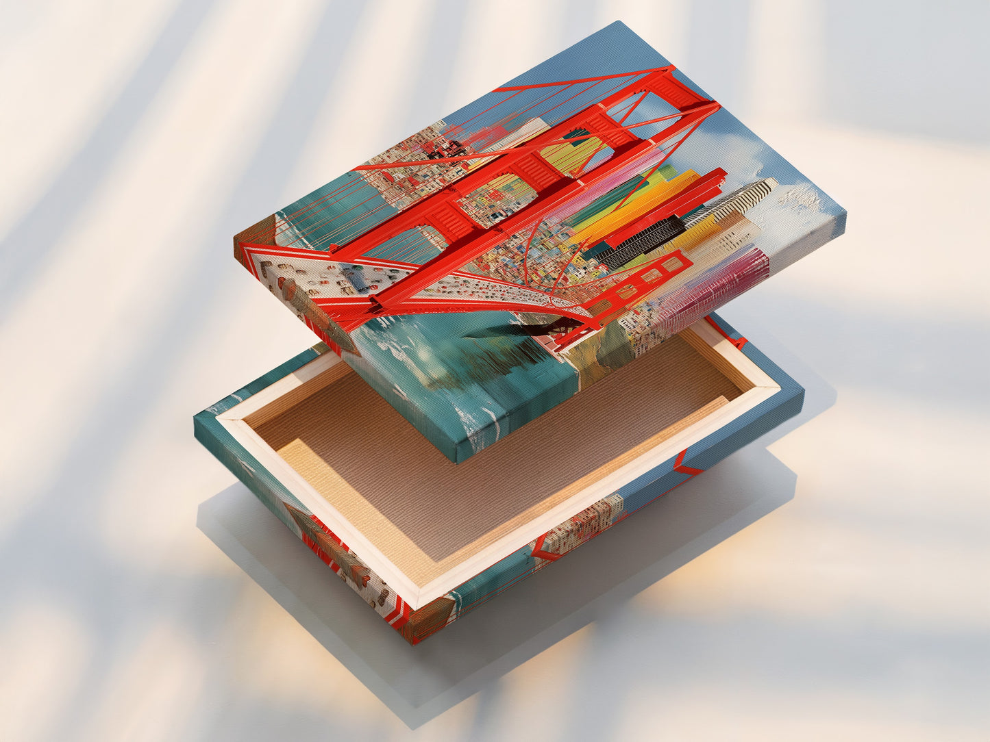 This is a stretched canvas print of the Golden Gate Bridge artwork. This San Francisco wall art is ready to hang and transform your space. The colorful cityscape poster brings a vibrant touch to any room. It is ideal for modern home or office decor.