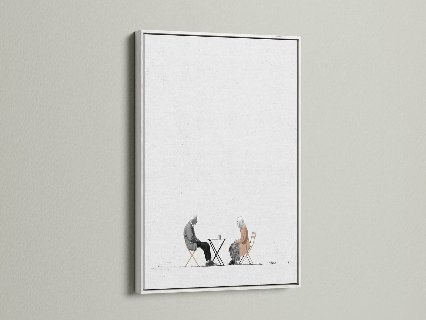 Enhance your decor with this minimalist art print. It features an elderly couple over coffee. The white frame provides a clean crisp look. Perfect for neutral wall art in any room. This simple art adds a touch of sophistication. Explore this modern art print today.