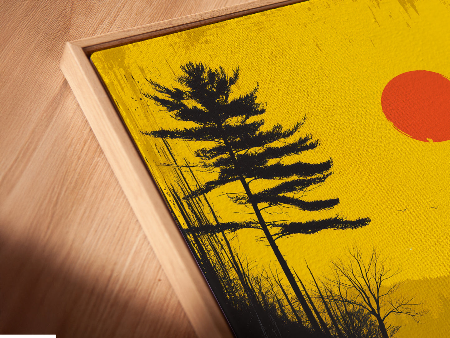 Angled close-up of sunset lake canvas print in floating frame. See the serene father and child artwork. Golden landscape adds warmth to your wall decor. Perfect for modern minimalist and Scandinavian interiors. This lakeside decor brings a calming touch to any living space. Explore our framed options.