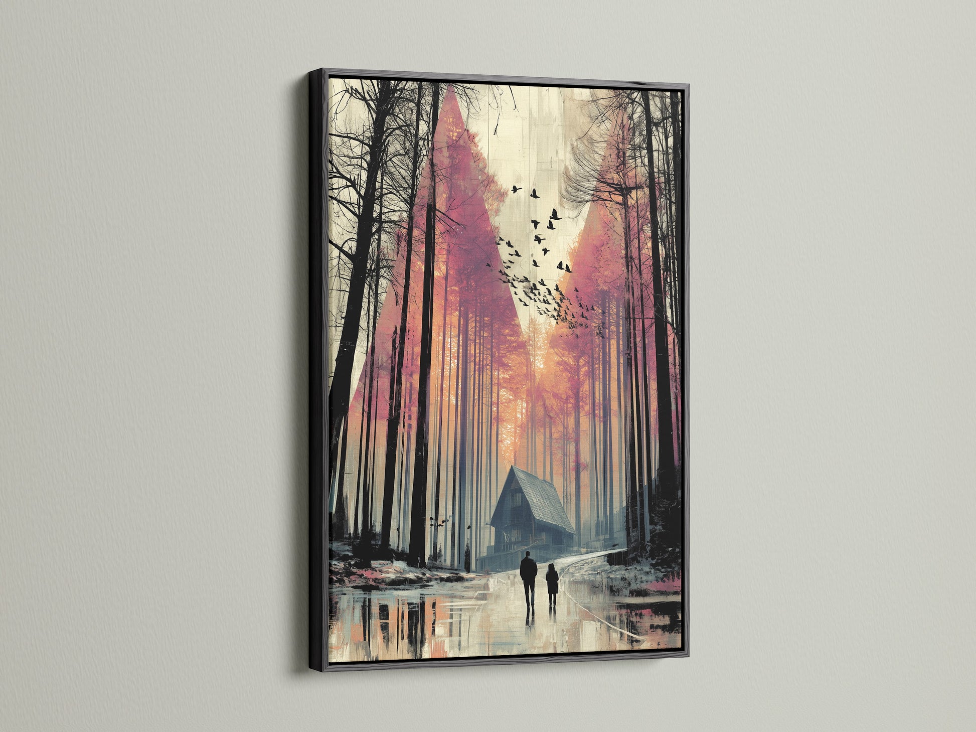 A forest cabin print is powerfully displayed in a black frame. The black frame adds a bold contrast to the nature artwork. This moody landscape artwork creates a dramatic effect. Suitable for modern eclectic or office wall art.