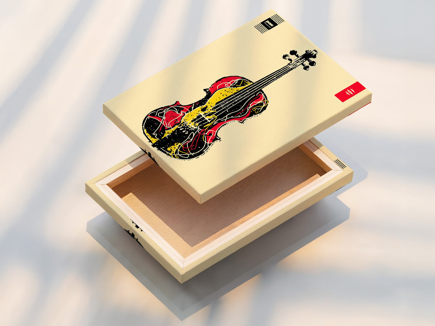 A stretched canvas print of abstract musical instrument artwork. This violin art print is great for music lovers. It complements modern minimalist or eclectic styles. Ideal for music rooms band rooms studios and music schools. A great addition to any space for contemporary decor.