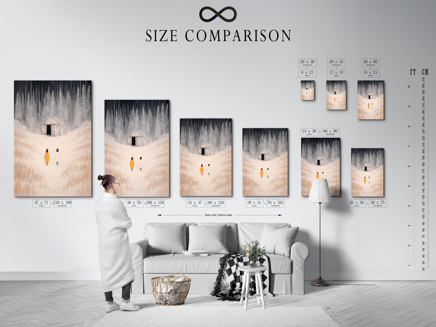 Size comparison chart in an interior setting. It shows the winter landscape artwork with figures in a snowy field. Visualize the perfect fit for your space. This minimalist art enhances any room.