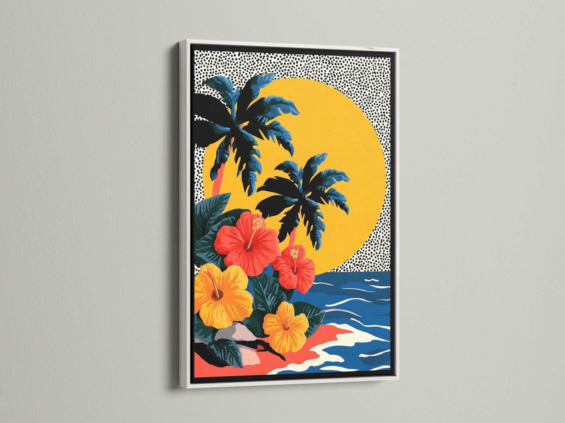 This is a framed artwork featuring a tropical scene. The artwork has palm trees hibiscus flowers and a sun against a dotted background. The artwork has a white frame. The print is mounted on a white wall in a well lit room. The artwork is hung at eye level.