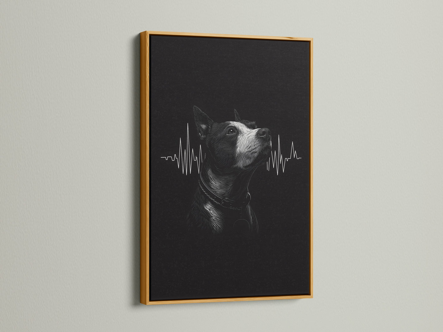 A dog heartbeat artwork is luxuriously presented in a gold frame. The gold finish adds warmth to the black and white art. This framed print is suitable for a veterinary clinic or home.