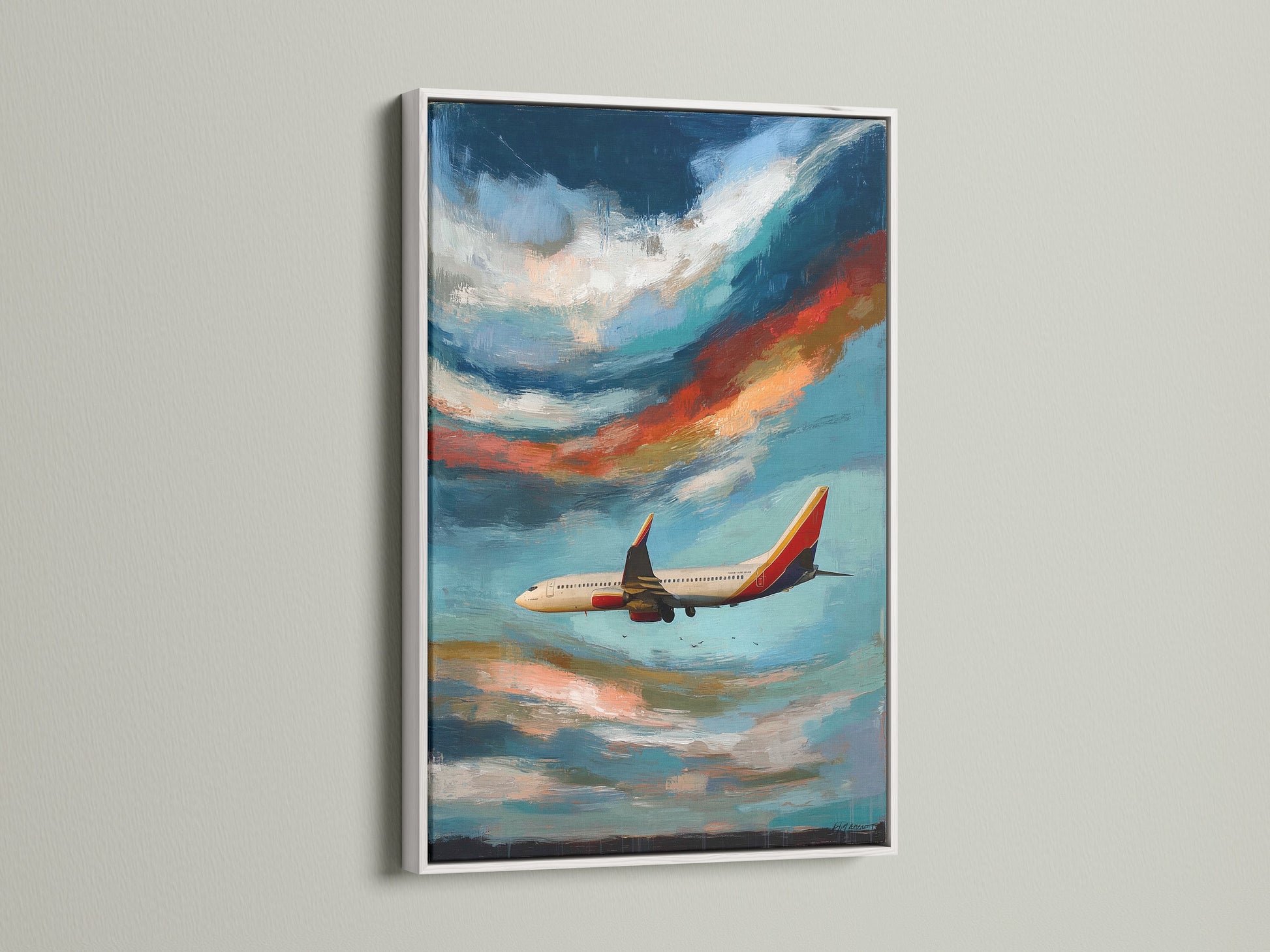 Modern airplane art with a white frame is showcased. This sky canvas art brings a serene cloudscape painting to any room. Perfect for office wall decor. It's an ideal gift for pilots and aviation lovers. Add a touch of wanderlust to your space.