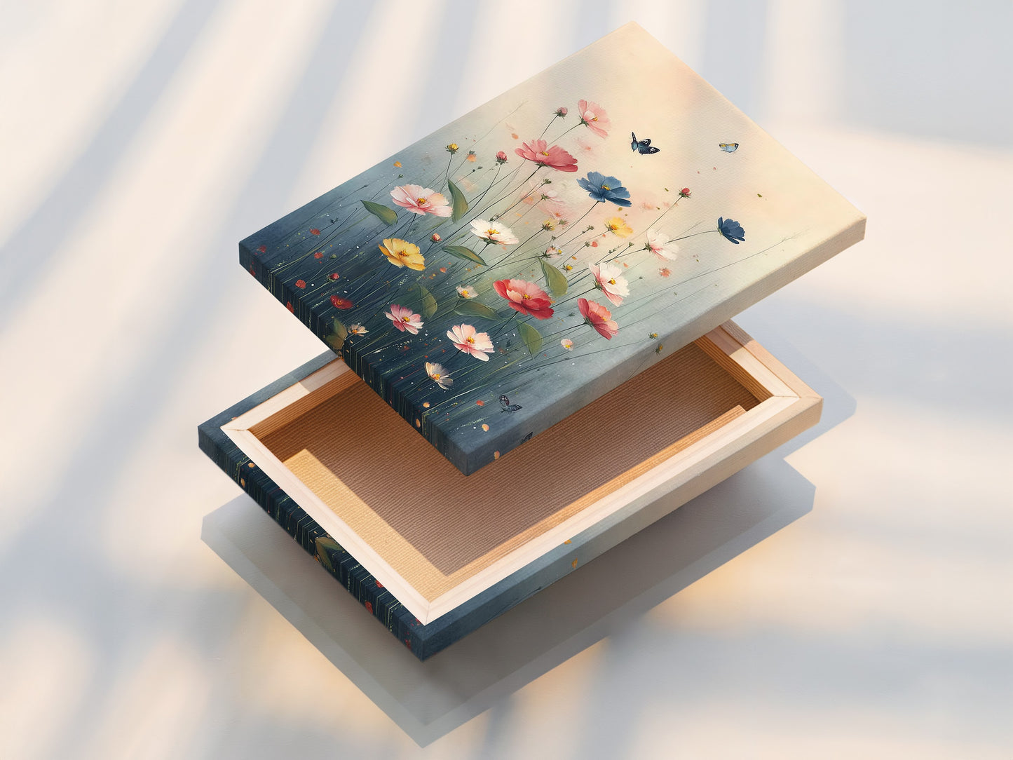 A stretched canvas print of the Floral Meadow artwork is displayed. The artwork features wildflowers in pink blue and yellow. Butterflies flutter above the meadow. The stretched canvas provides a gallery-ready look. This botanical art is perfect for adding a touch of nature to your walls. It is ideal for any room in your home.