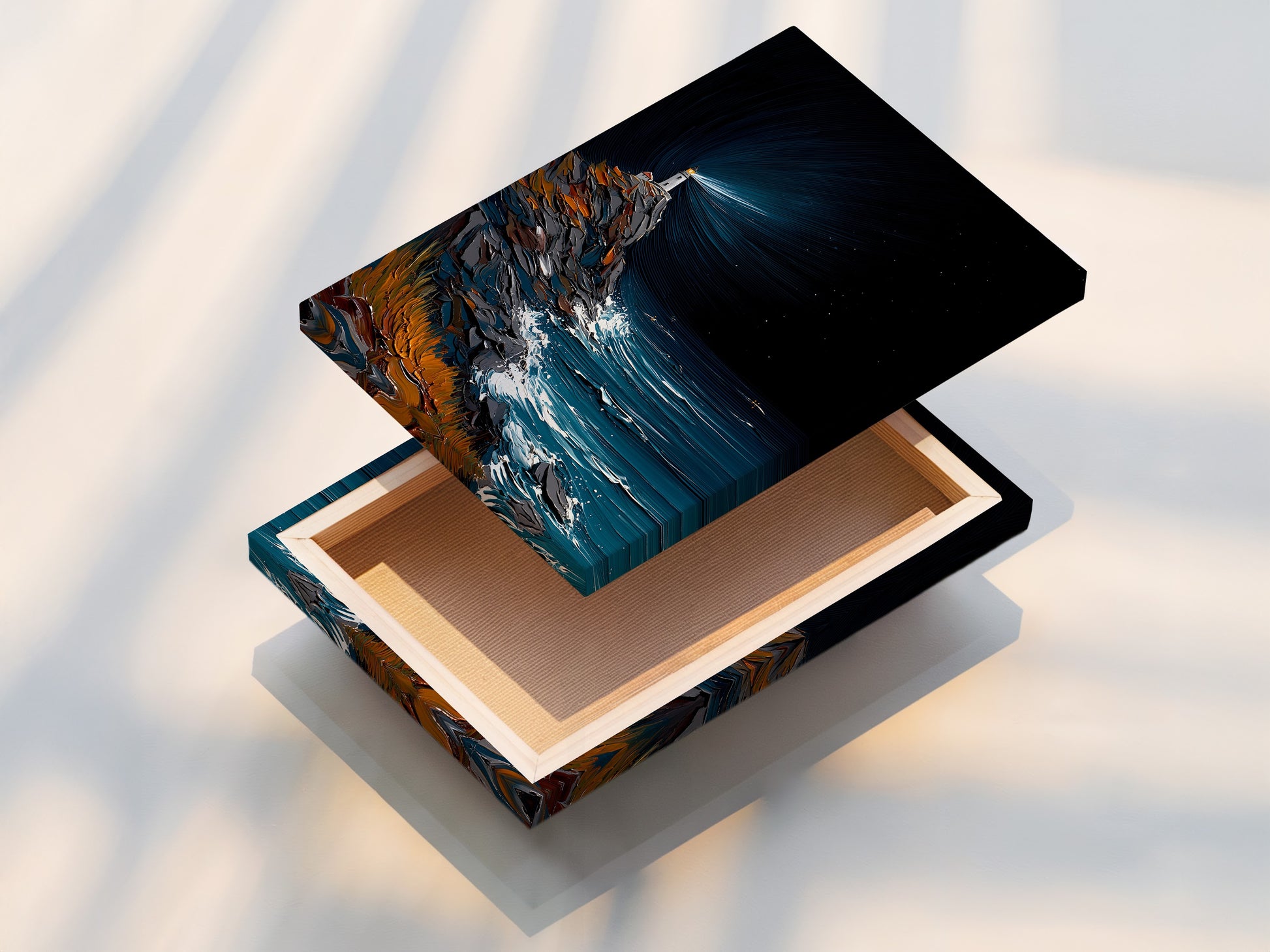 A stretched canvas print featuring lighthouse artwork. The canvas print brings the seascape art to life. Ready to hang and enjoy in your home. Ideal for creating a coastal atmosphere in any room.