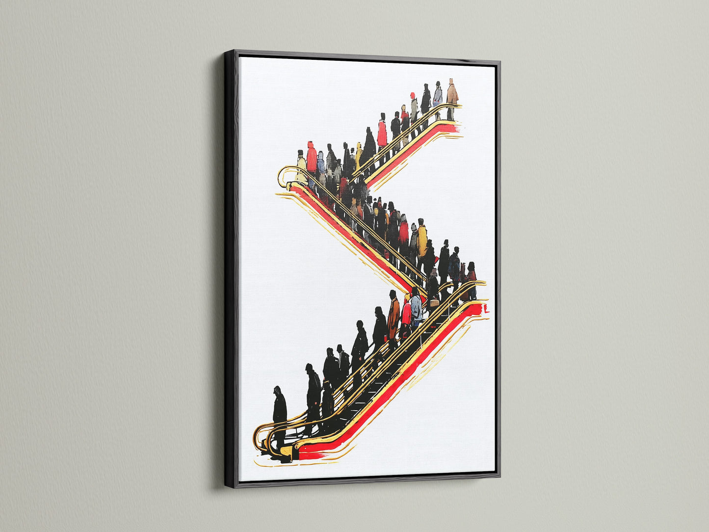 Transform your conference room with this eye-catching escalator artwork. The black frame provides a sleek contemporary feel. The red and gold artwork brings energy to your space. Urban professionals will appreciate this modern art print. It's a great addition to lobbies clinics and studios.
