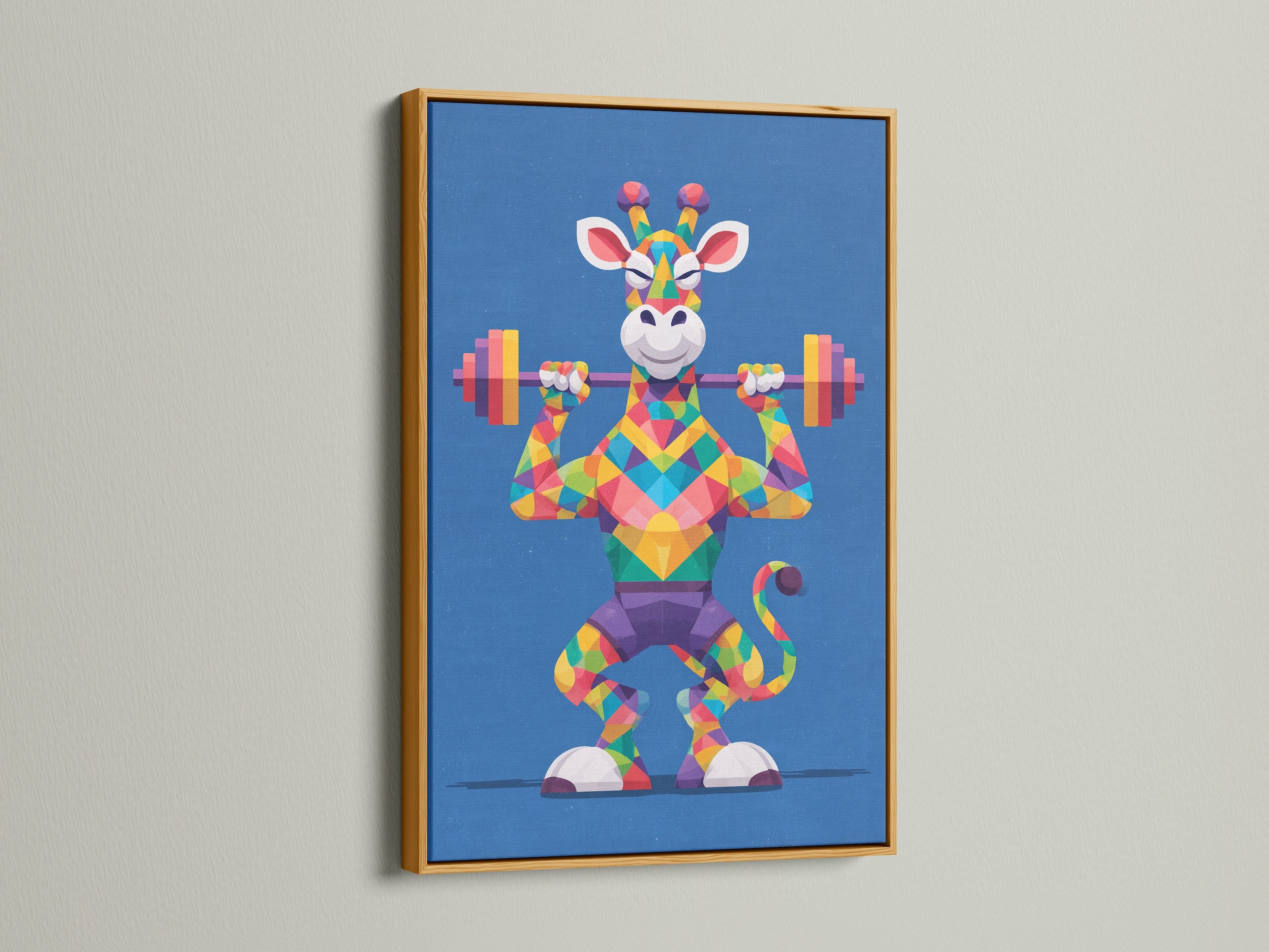 Geometric Giraffe artwork in a gold frame. The artwork features a vibrant animal lifting weights. This piece is ideal for adding color and motivation to your gym. The rainbow giraffe is a unique and fun addition to any space. The primary color is blue with rainbow accents.