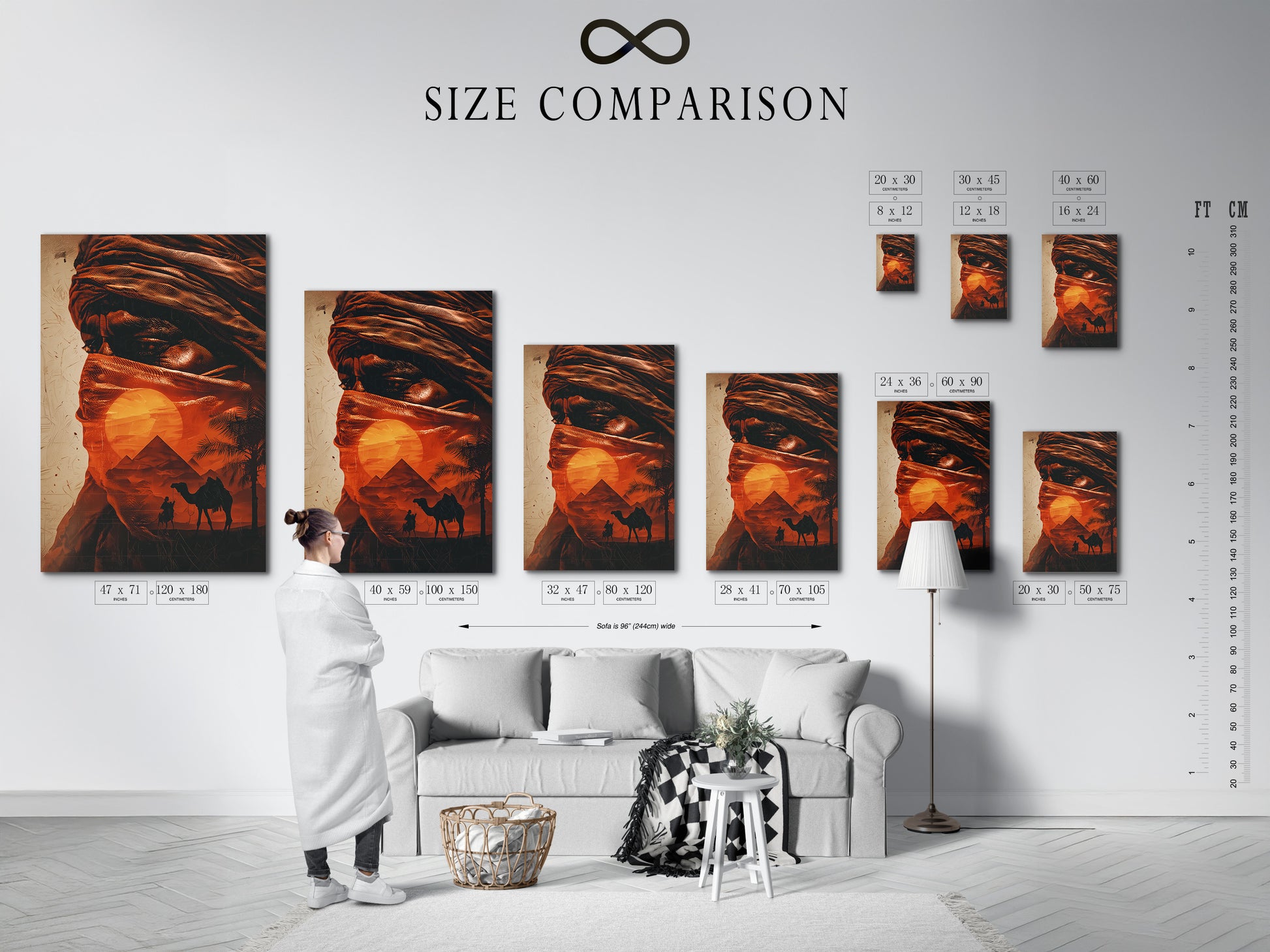 A size comparison chart is displayed in an interior setting. See how the desert Bedouin artwork fits in various spaces. Visualize the impact of this Middle Eastern wall art in your home. The camel caravan sunset poster creates a focal point. This chart helps you choose the perfect size. Enhance your decor with travel and Southwestern flair.