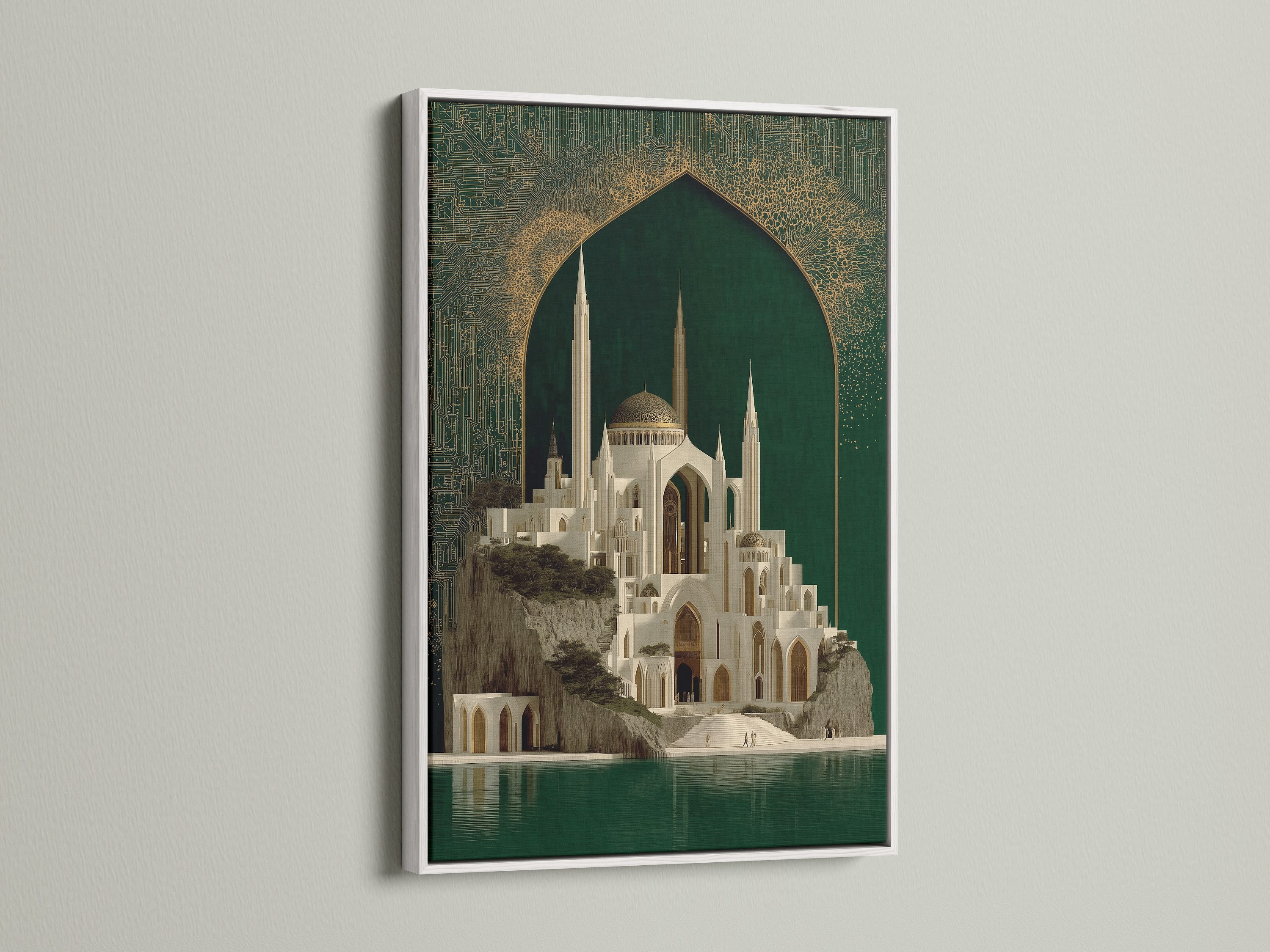 An Islamic Architecture Canvas Artwork is elegantly presented in a white frame. The artwork highlights a magnificent mosque with emerald green and gold highlights. It offers a serene and stylish touch to any interior. Discover the beauty of islamic art and elevate your decor.