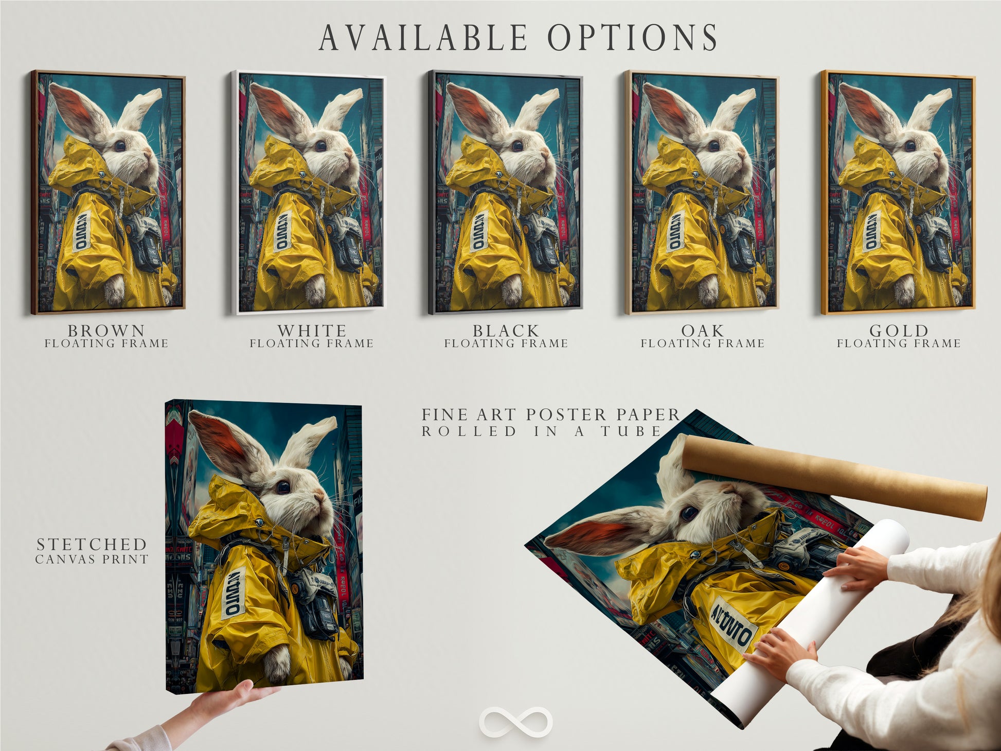 Available options for the cyberpunk rabbit art print are displayed. Choose from a stretched canvas print fine art poster paper or a floating frame. The artwork features a rabbit in a yellow jacket. It is ideal for modern spaces or urban themed homes. Perfect for gaming rooms or offices.