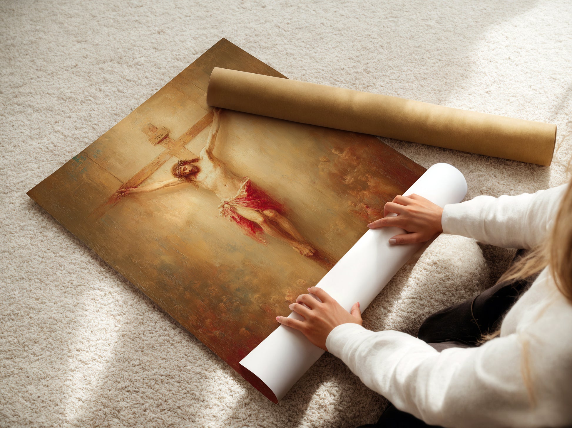 A woman is carefully unrolling a fine art poster paper. The poster paper is of high quality. It is perfect for printing detailed artworks. See the texture and feel of premium fine art paper. Ideal for artists and art enthusiasts. Explore our range of fine art paper options today.