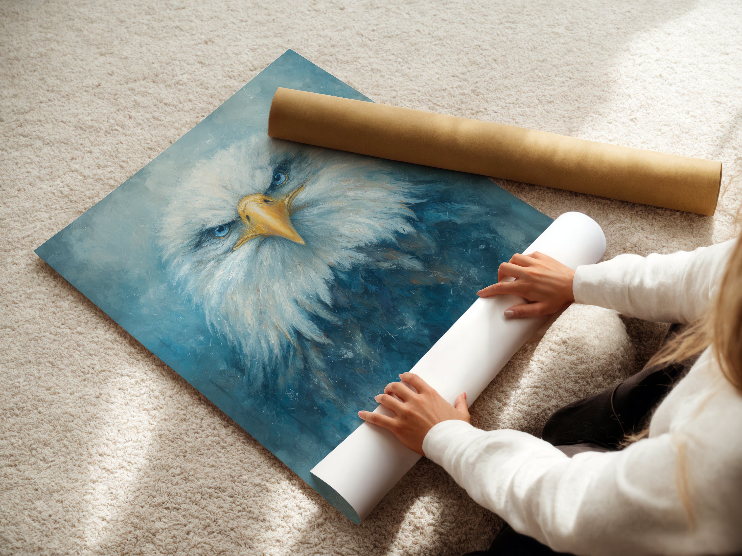 A woman carefully rolls a fine art poster paper featuring the eagle portrait. The majestic bird's piercing blue eyes are visible. This high-quality print is perfect for framing. It is ideal for adding wildlife art to your home or office. The art suits contemporary styles.