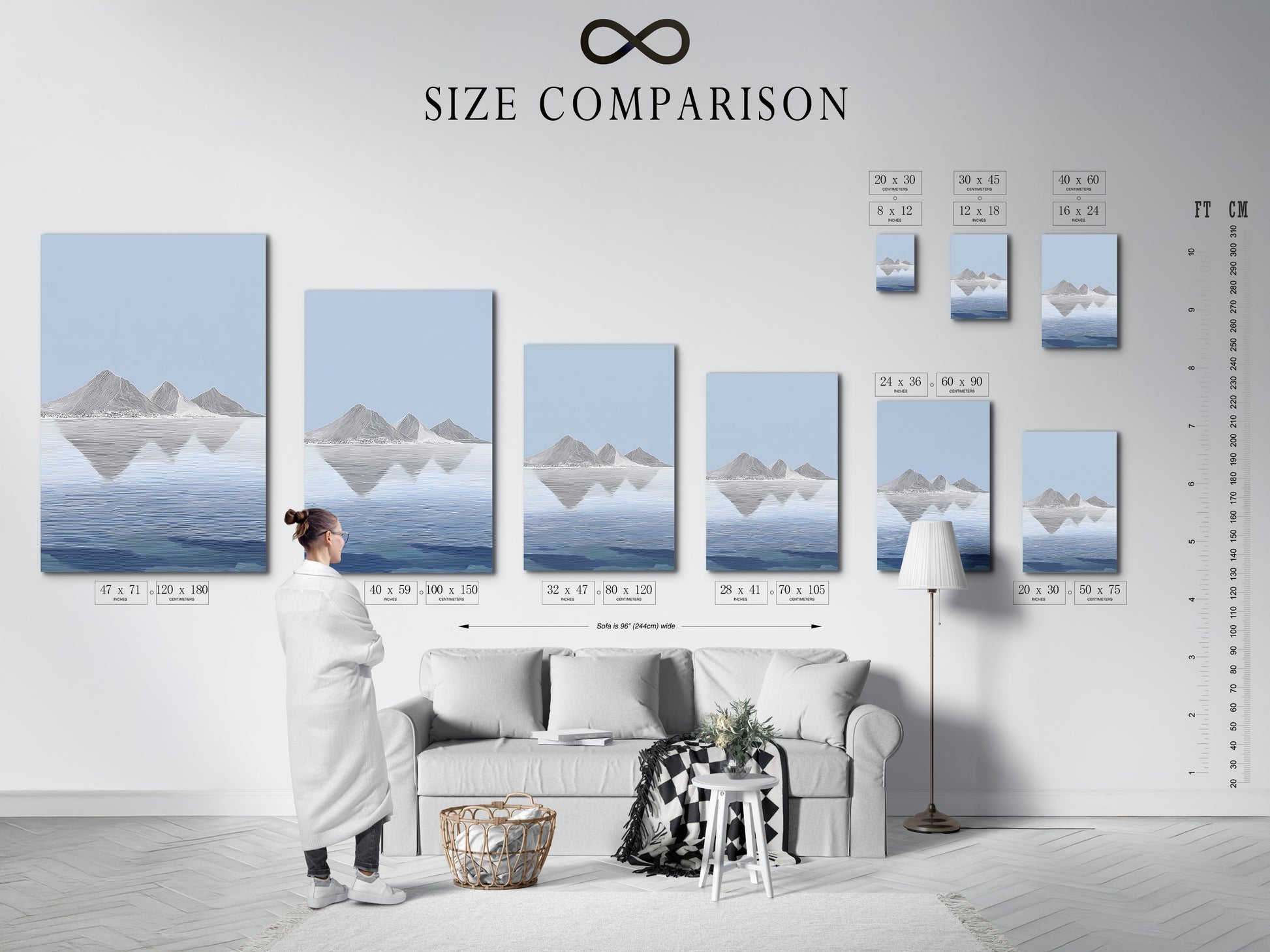 A size comparison chart displayed in an interior setting. The size chart helps visualize artwork dimensions. See how different sizes fit in your space. Find the perfect art size for your room. This chart simplifies your art selection process. Choose the right size to enhance your decor.