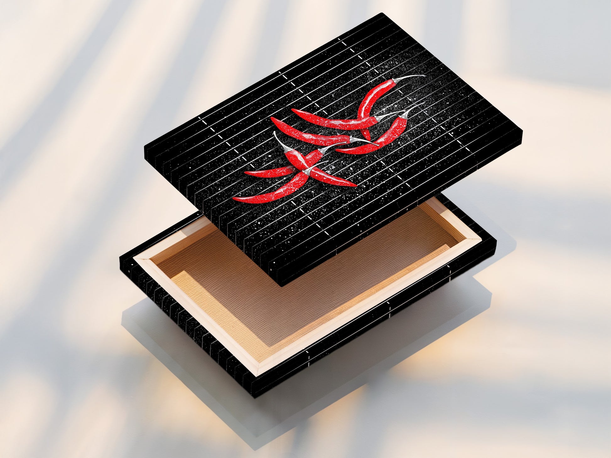 This stretched canvas print showcases a vibrant chili pepper artwork. The art is ready to hang. This modern piece is perfect for any kitchen. Ideal for adding a spicy touch to dining areas. Great for cafe-inspired styles.