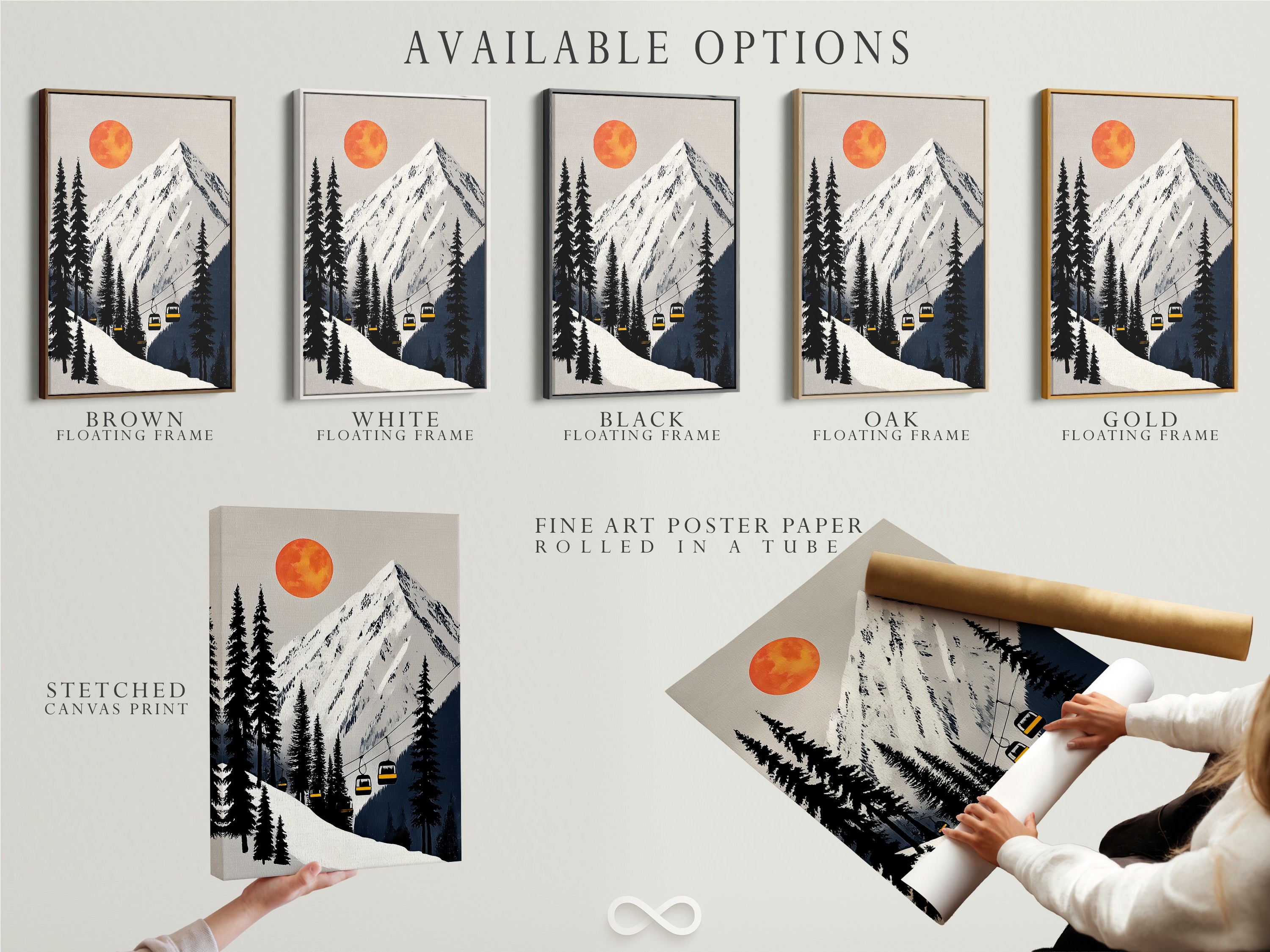 Available options for the mountain ski lift artwork. Choose from stretched canvas print fine art poster paper or floating frame. Find the perfect style for your space. This alpine wall art complements any decor. It is perfect for cabin decor and winter sports art.