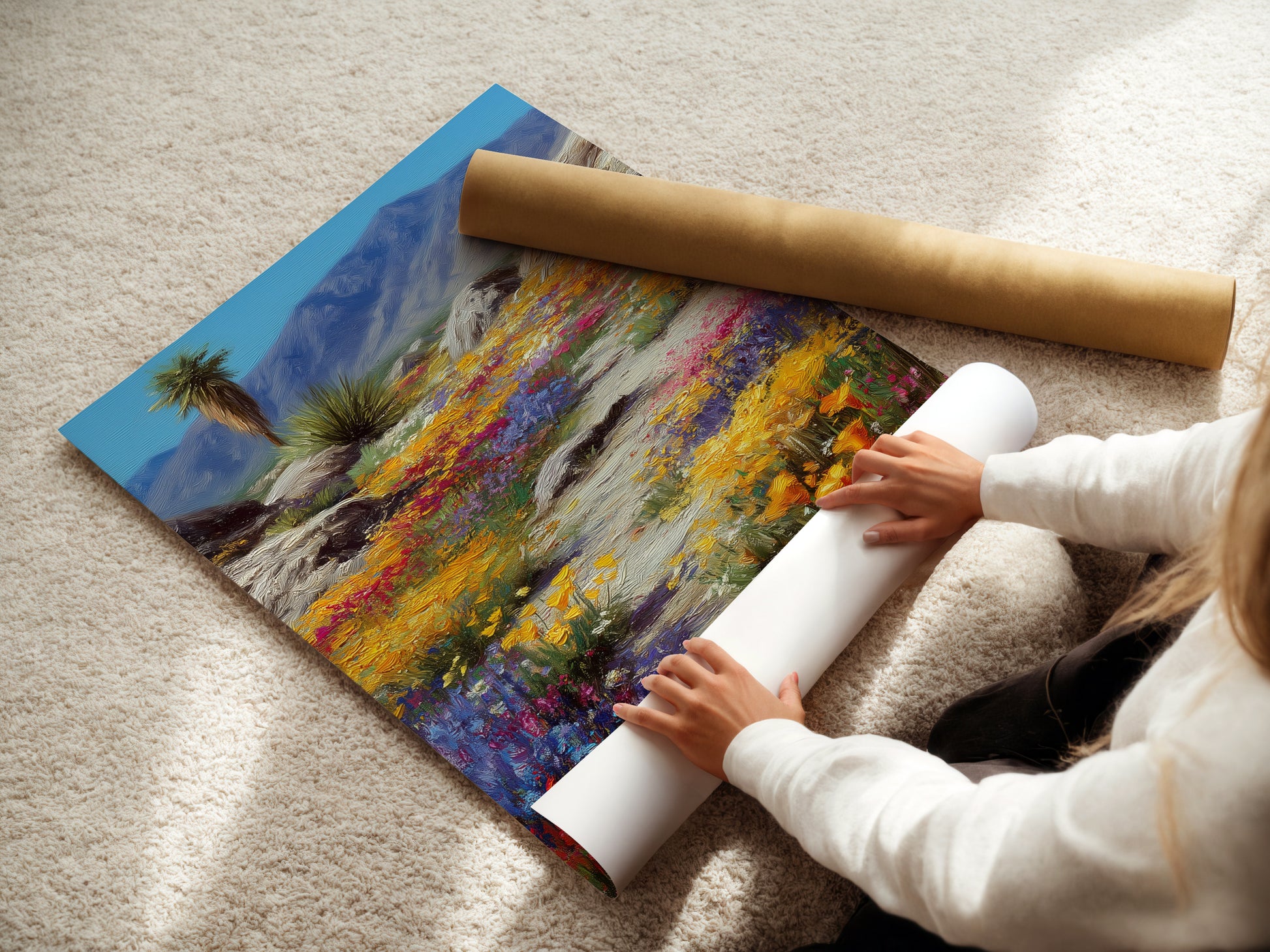 A woman rolls a fine art poster paper. This showcases the care taken with the desert wildflower artwork. The poster paper ensures a high-quality print of the colorful landscape. This is perfect for those who appreciate Southwest art. Experience the beauty of nature artwork.