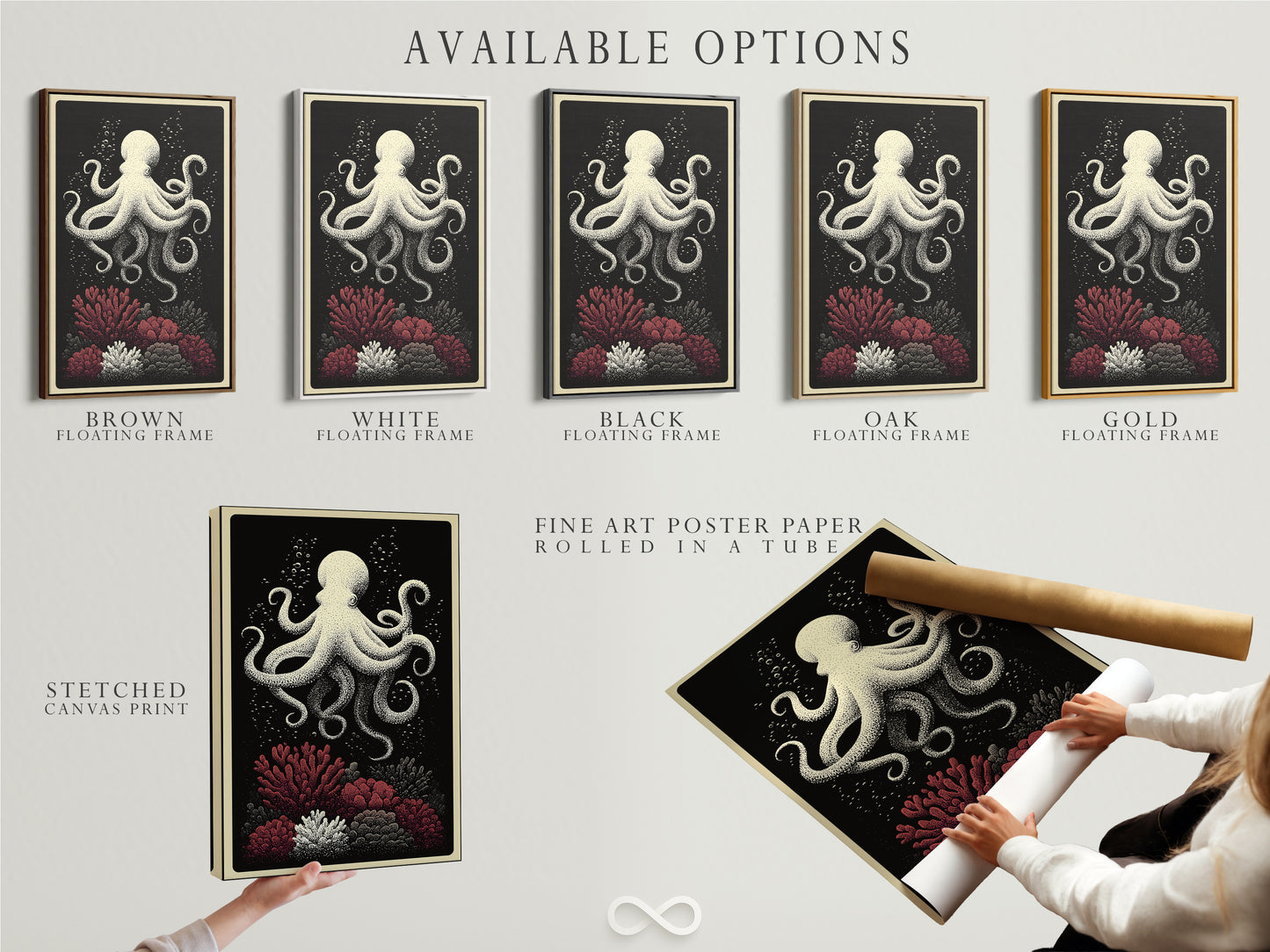 Available options: stretched canvas print fine art poster paper and floating frame. Choose your style for this octopus canvas print. It's nautical wall art with coral reef art. Find the perfect ocean creature artwork today.