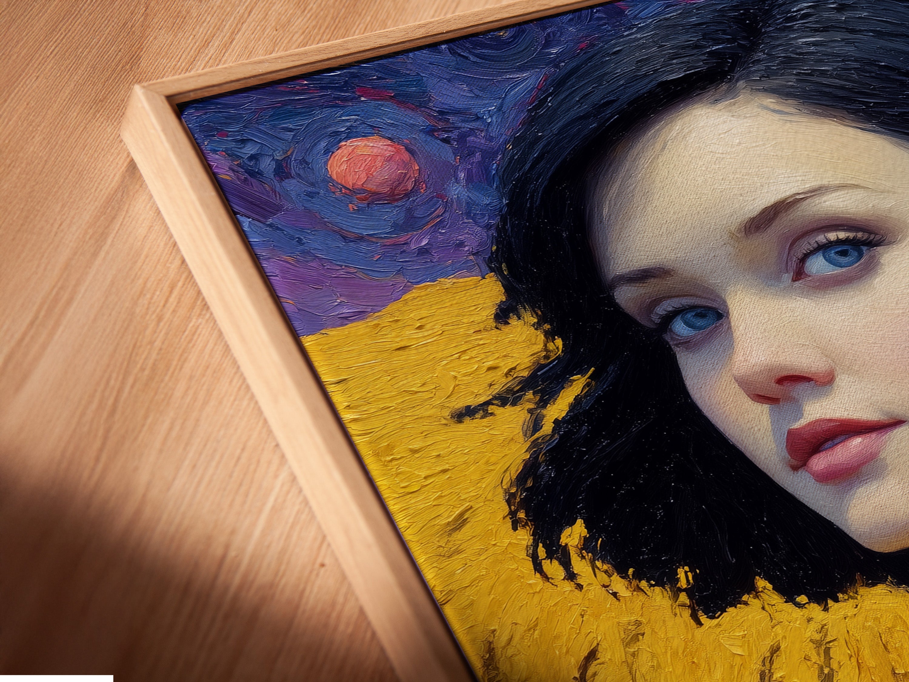 A close-up angled view of a canvas print featuring angel wings in a floating frame. The golden yellow art and modern female figure create a contemporary look. Perfect for bedroom wall decor or living room art. The unique style elevates any space. It is ideal for adding a touch of celestial decor to any room.