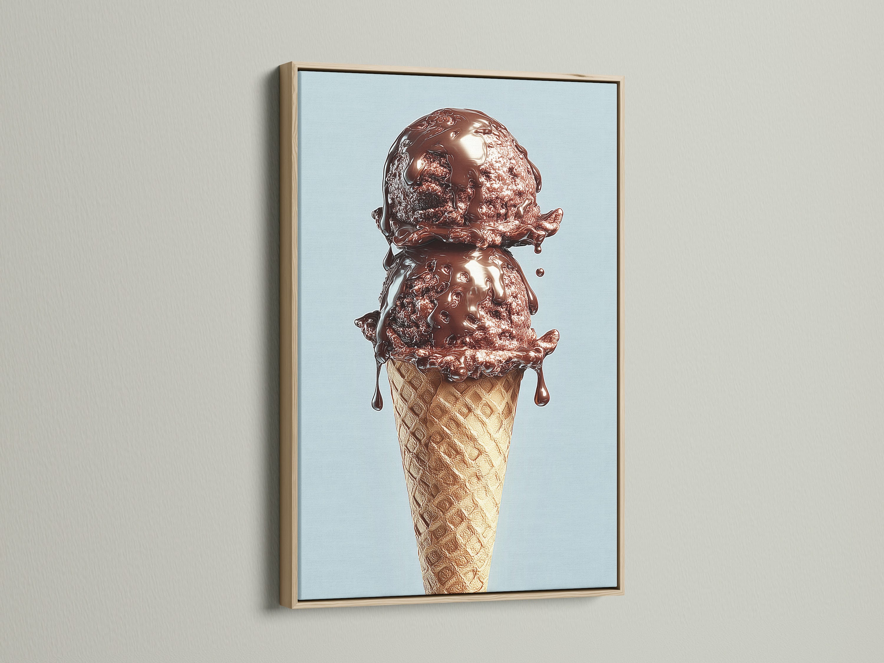 An oak frame beautifully displays a chocolate ice cream cone artwork. This frame provides a natural and warm aesthetic. Perfect for adding a touch of sweetness to any room. The artwork is mounted on a white wall.