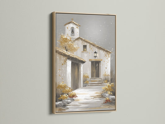 Artwork with an oak frame. The artwork features a quaint building. It looks like a church or villa. The artwork is matted and framed. This oak frame enhances the artwork. Bring the beauty of the countryside into your home.