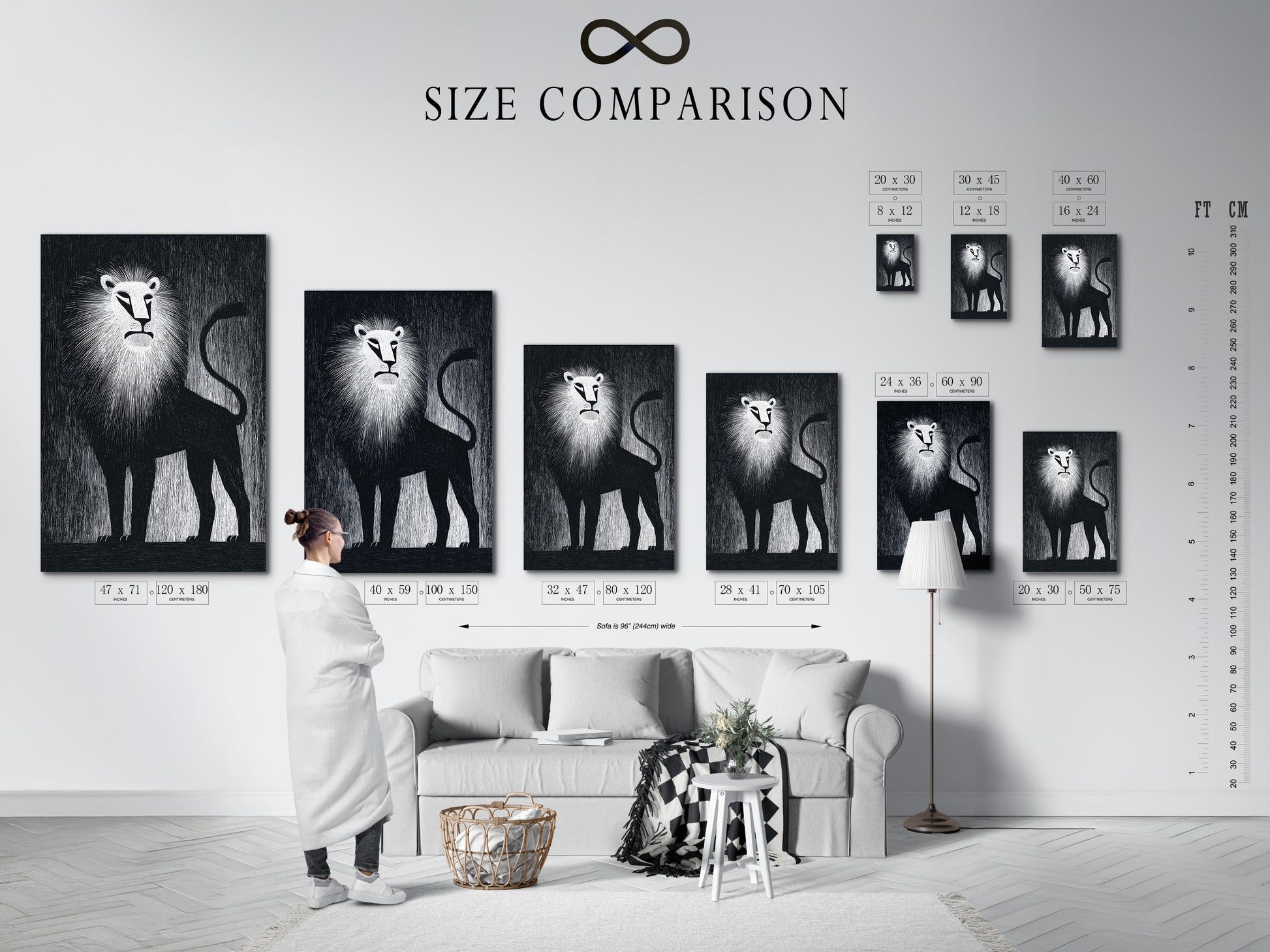 A size comparison chart is presented in an interior setting. The chart helps visualize different art print sizes. It allows you to choose the perfect artwork for your space. Find the ideal fit for your walls.