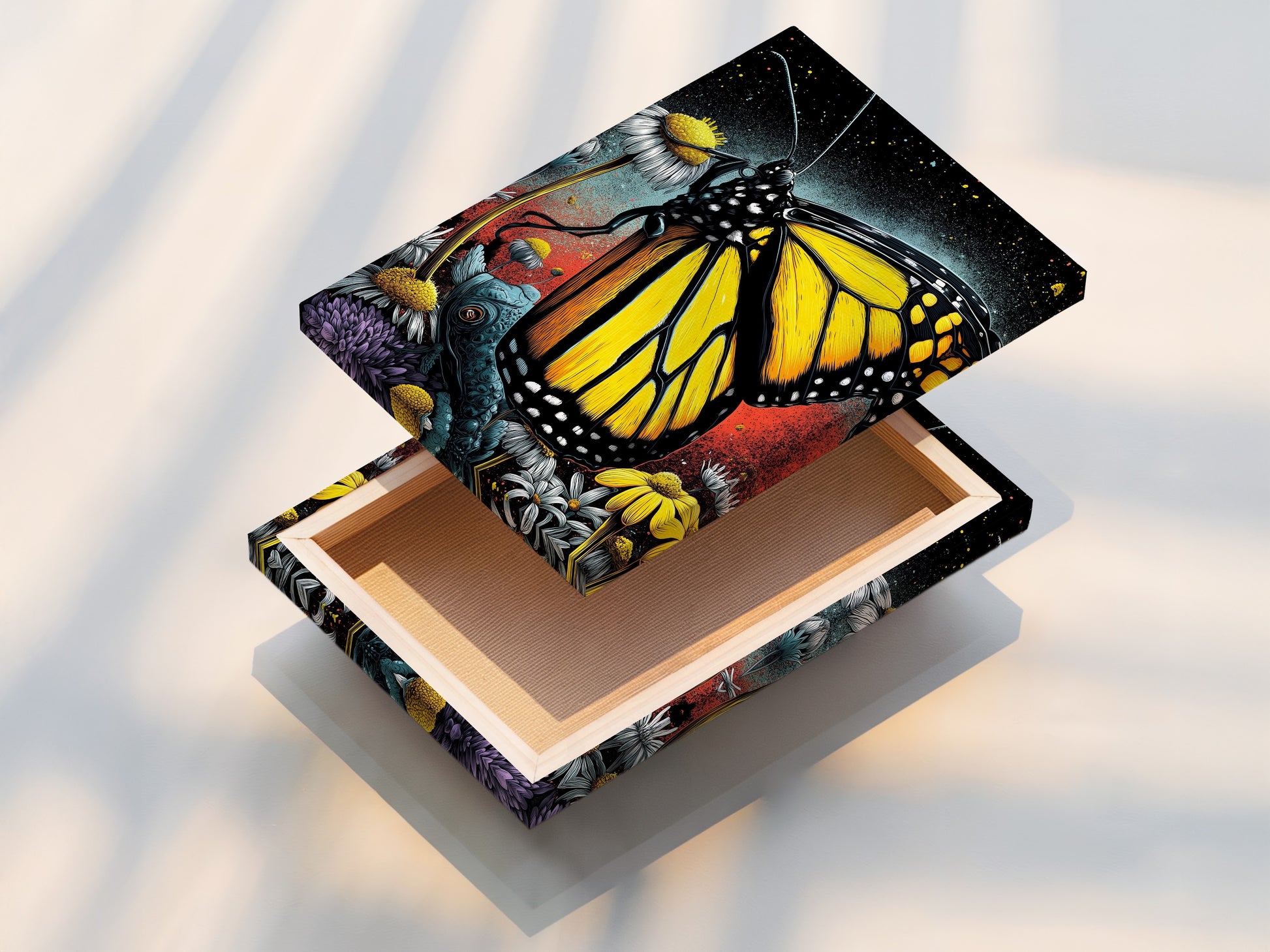 Stretched canvas print of a Monarch Butterfly artwork. The vibrant floral insect canvas adds a touch of nature to your space. Ideal for modern minimalist or eclectic home decor. This is a unique and eye-catching piece of yellow wall art.