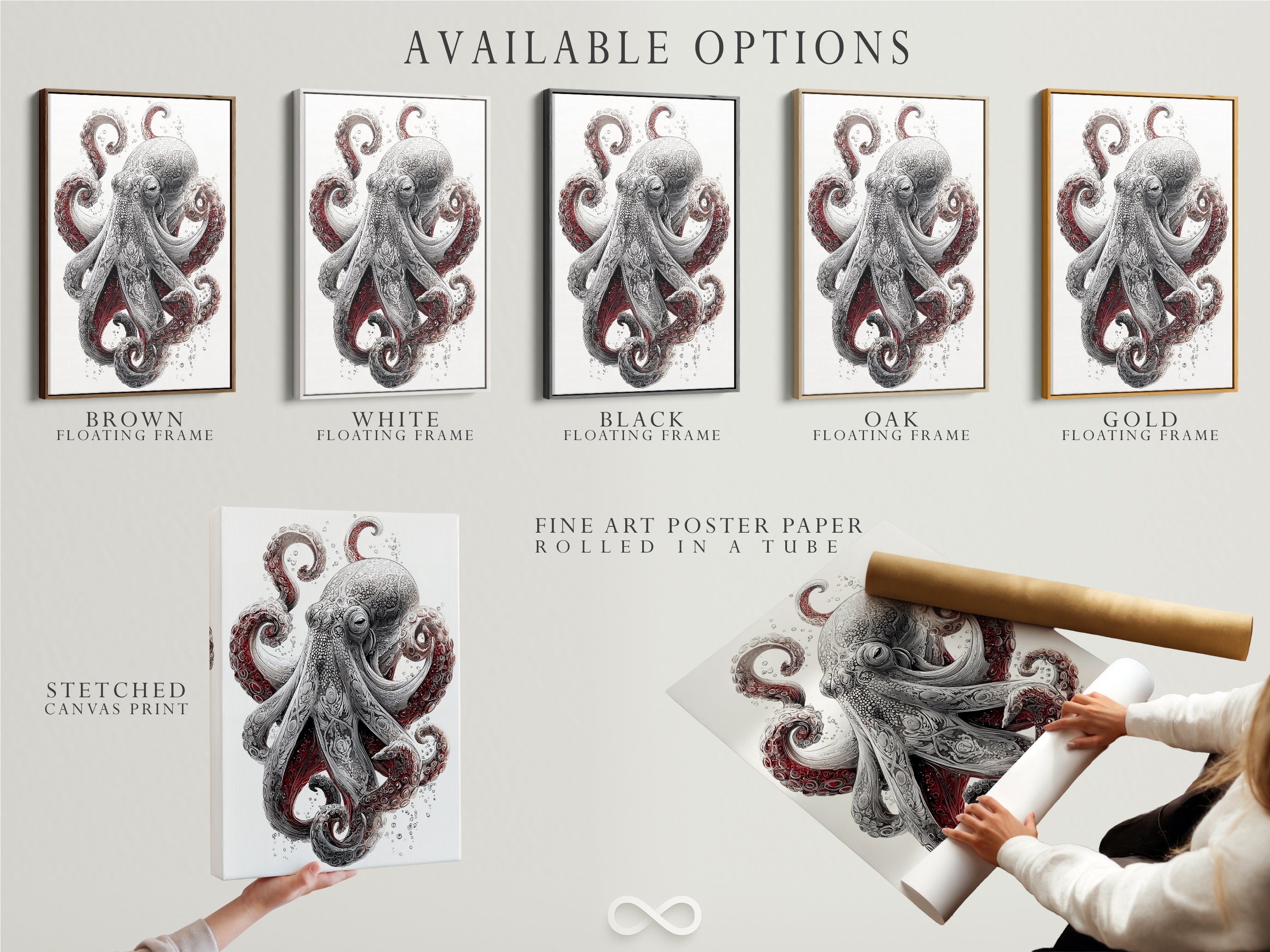 Explore the available options for your Octopus art print. Choose from a stretched canvas print a fine art poster or a floating frame. Customize your artwork to fit your style. Perfect for bathroom wall art and coastal living room decor.
