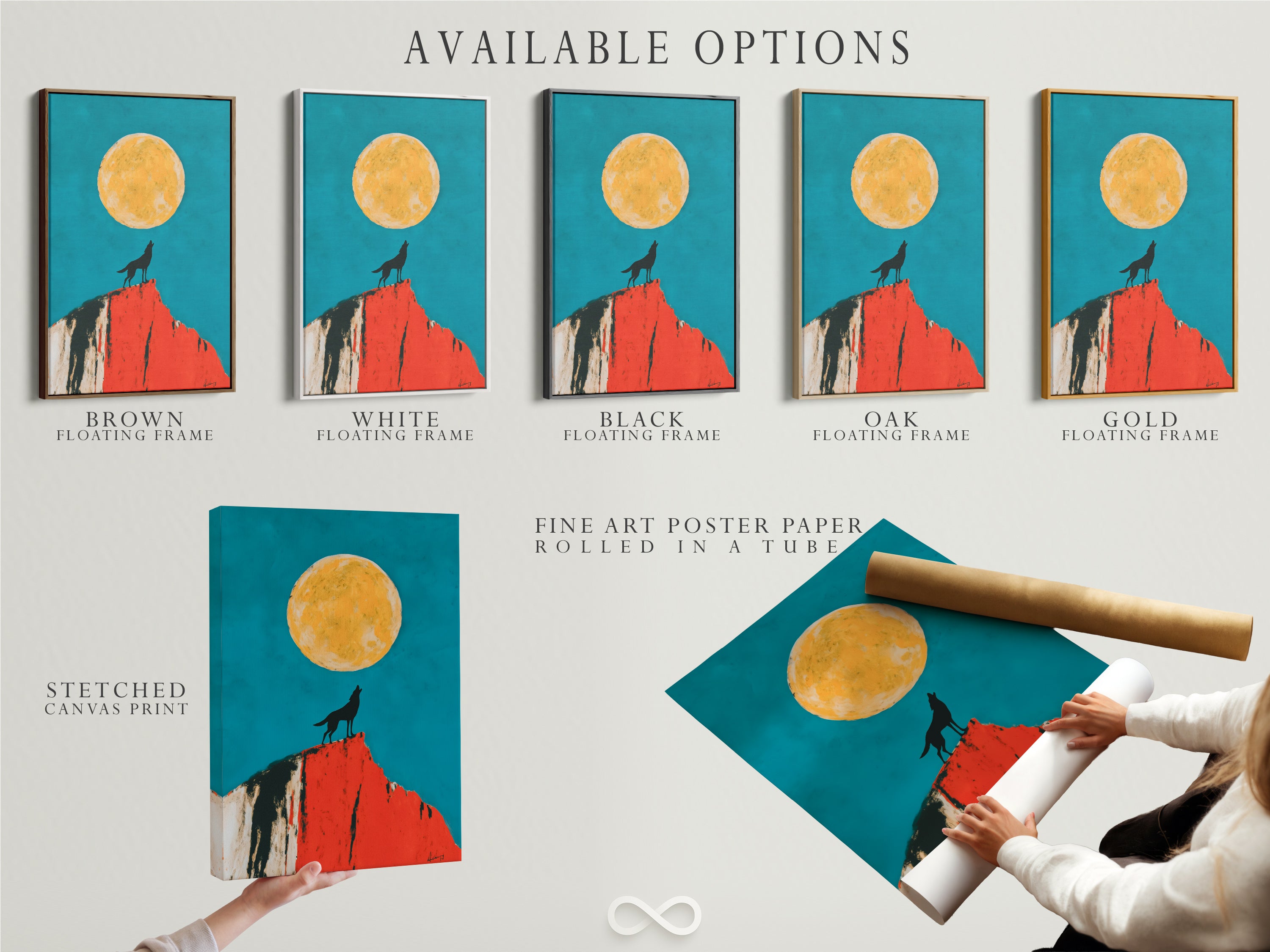 Available options include a stretched canvas print fine art poster paper and floating frame. The Wolf Moon artwork offers versatile display choices. This southwestern desert wall art suits any style. Teal and orange colors create a cohesive look. Select the perfect option for your home.