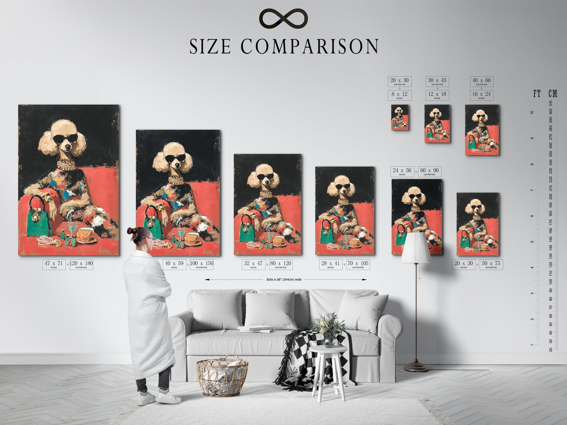 Size comparison chart displayed in an interior setting. Explore the various sizes available for the glamorous poodle artwork. Find the perfect fit for your living room wall art or boutique decor.
