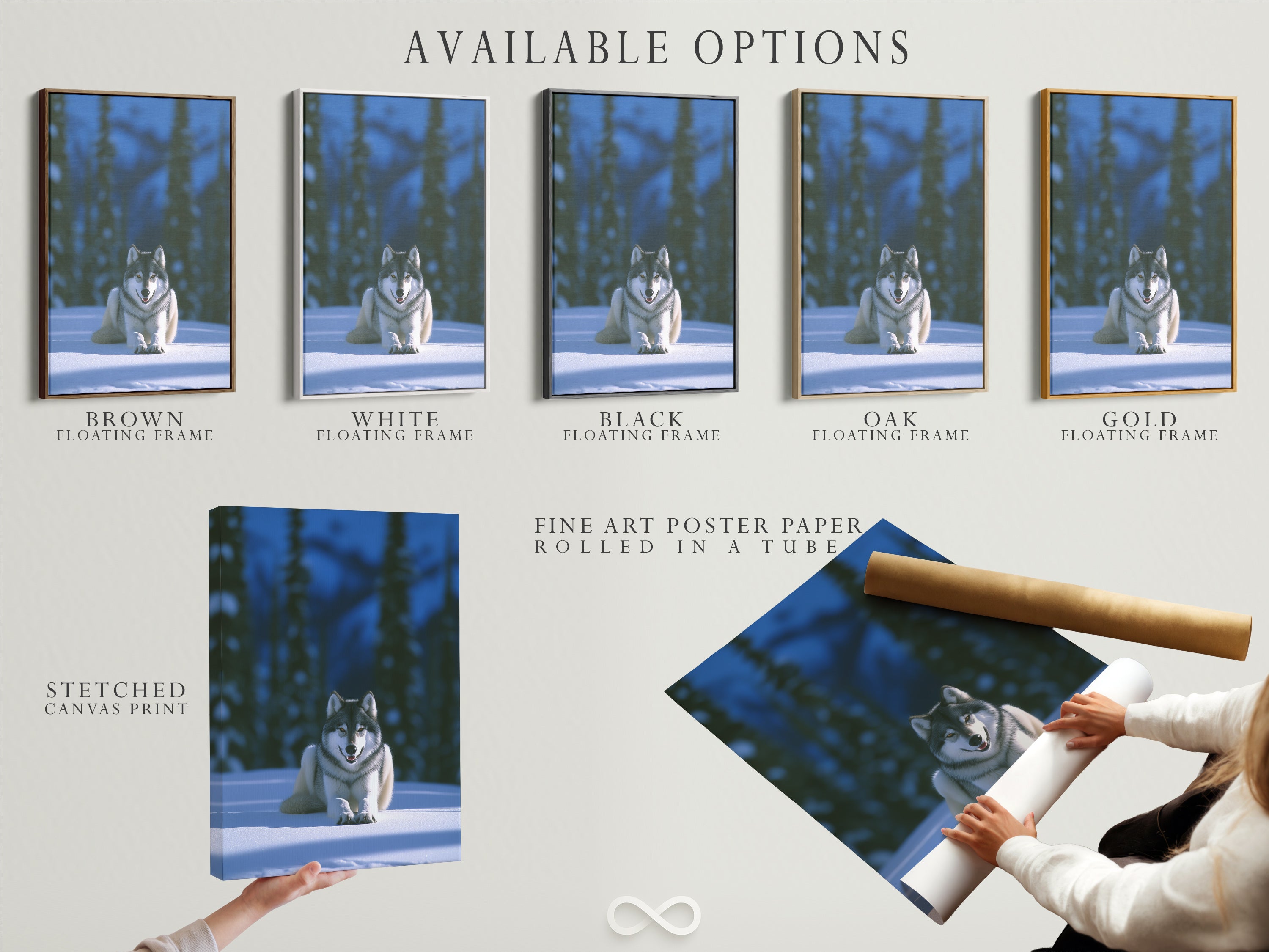 Available options for the Wolf in Snow artwork include a stretched canvas print. Fine art poster paper and floating frame options. Customize your arctic canvas to fit your style. Perfect animal wall art for any decor.