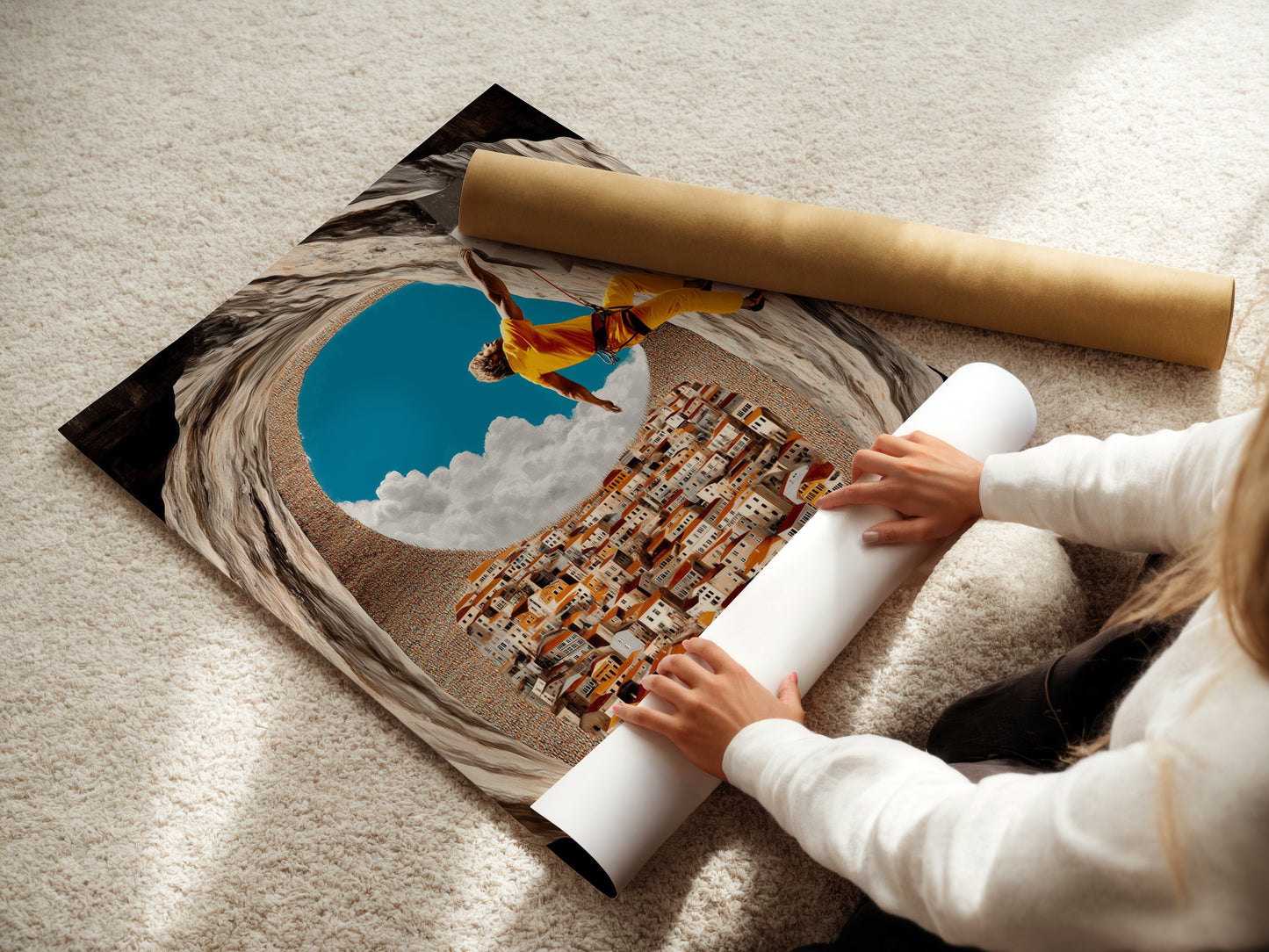 A woman is carefully rolling a fine art poster paper. This highlights the care in handling our prints. High-quality materials ensure your artwork arrives in perfect condition. Perfect for sports art and adventure decor enthusiasts.